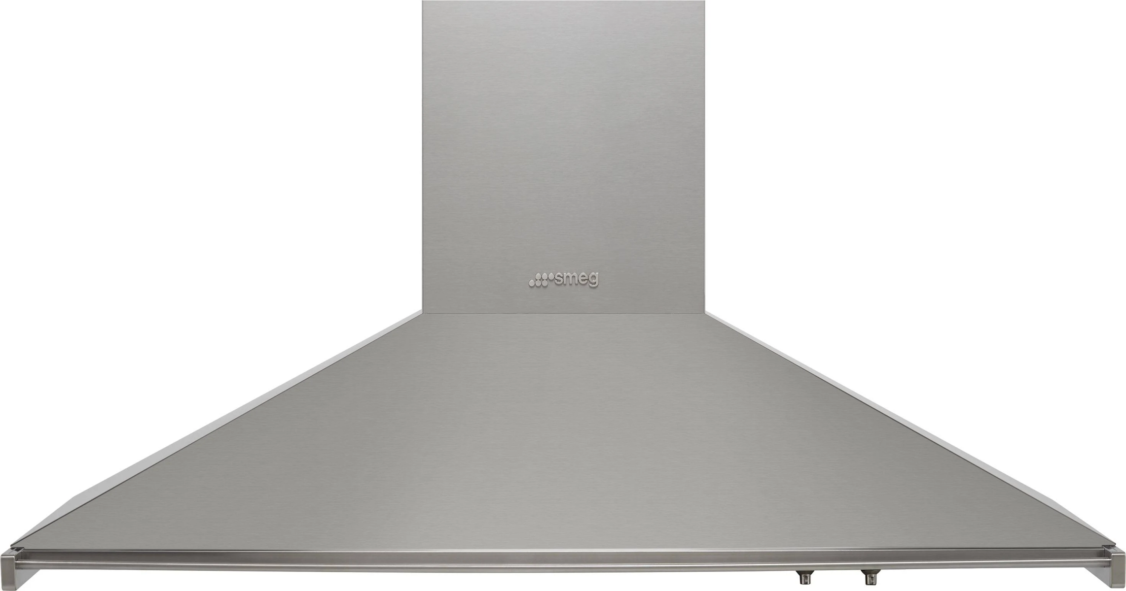 Una campana extractora SMEG de acero inoxidable con diseño cónico, fondo blanco.