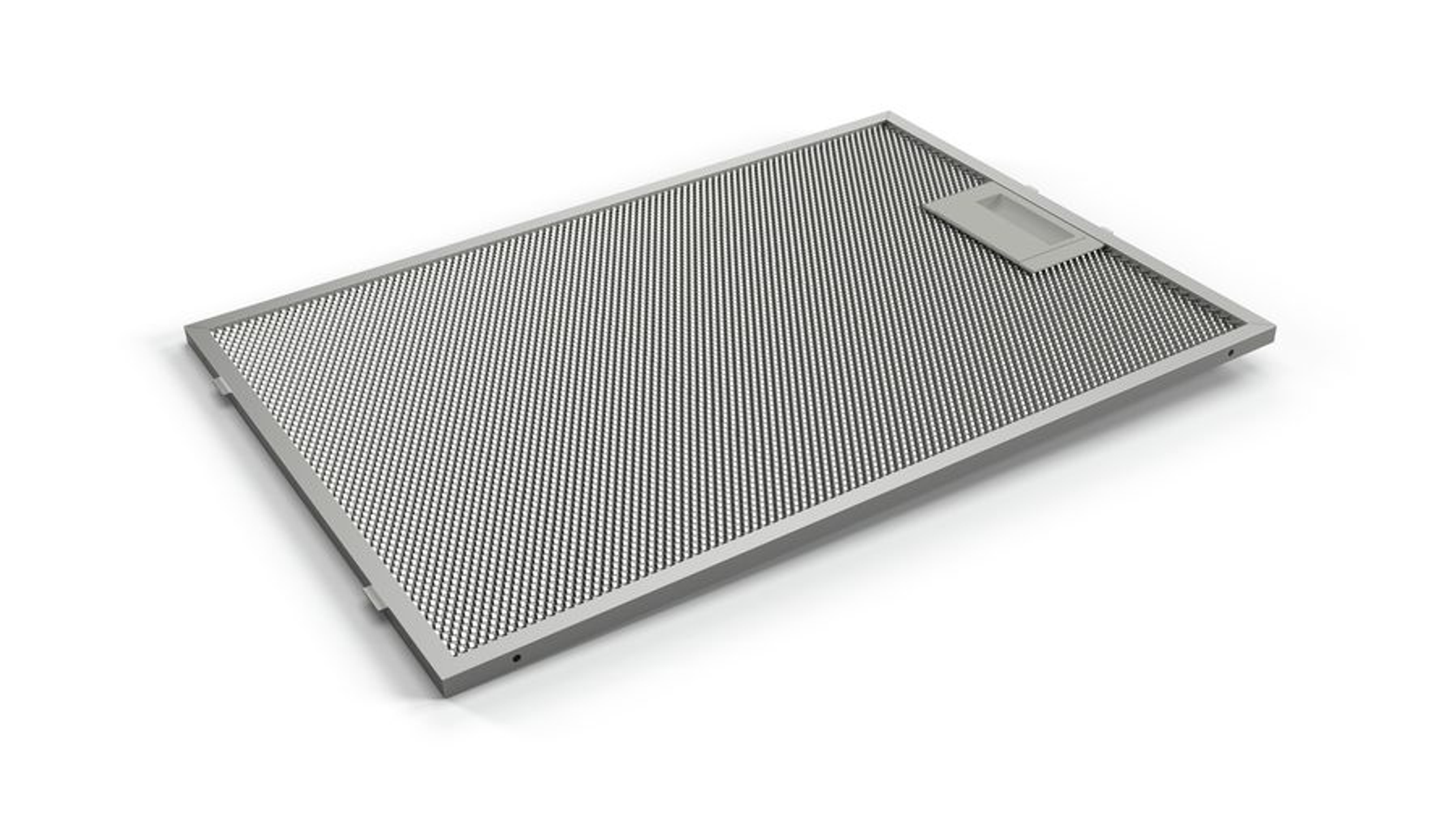 Un filtro rettangolare in metallo per cappa con un design a rete.