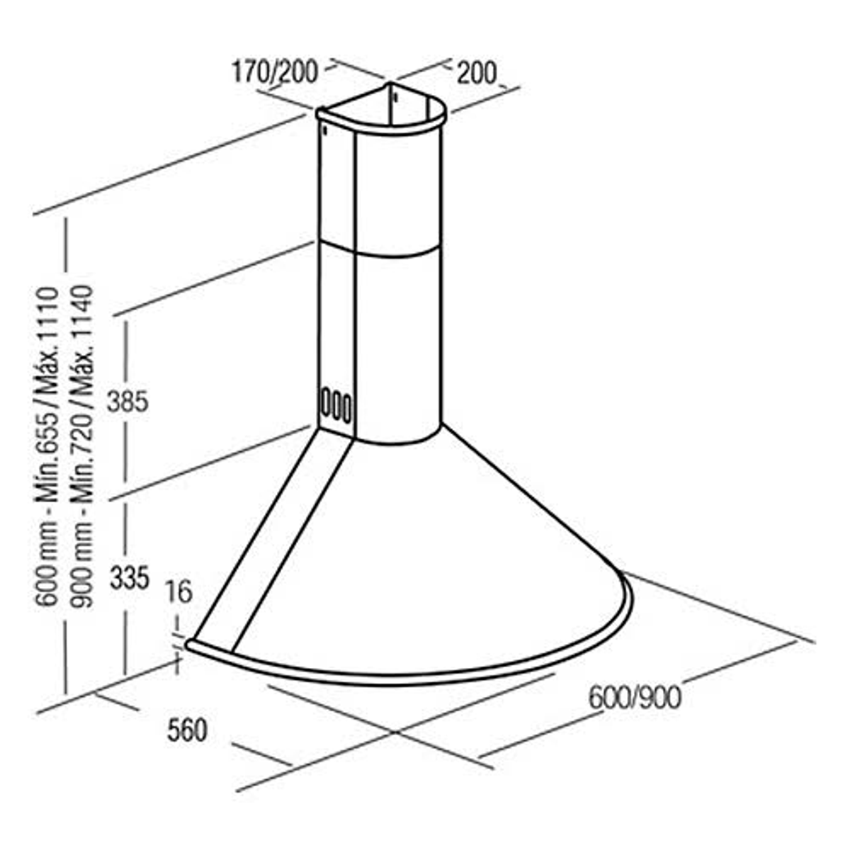Diagramma di una cappa da cucina con dimensioni.