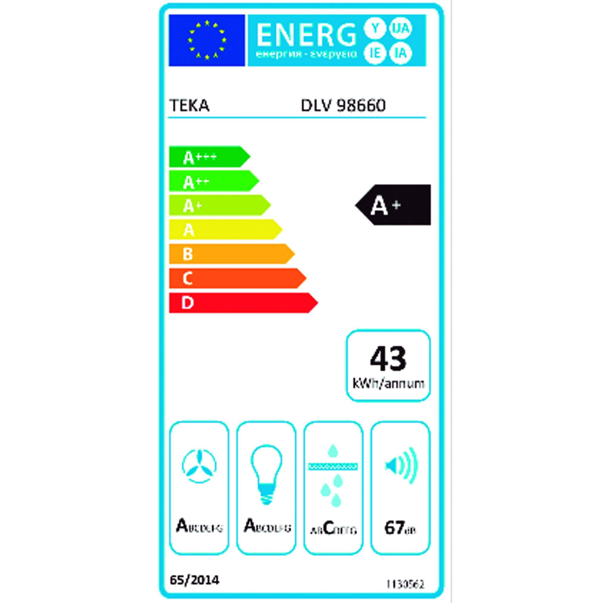 Bir Teka cihazı için enerji etiketi, enerji verimliliği gösterir. A+ derecesine sahiptir.
