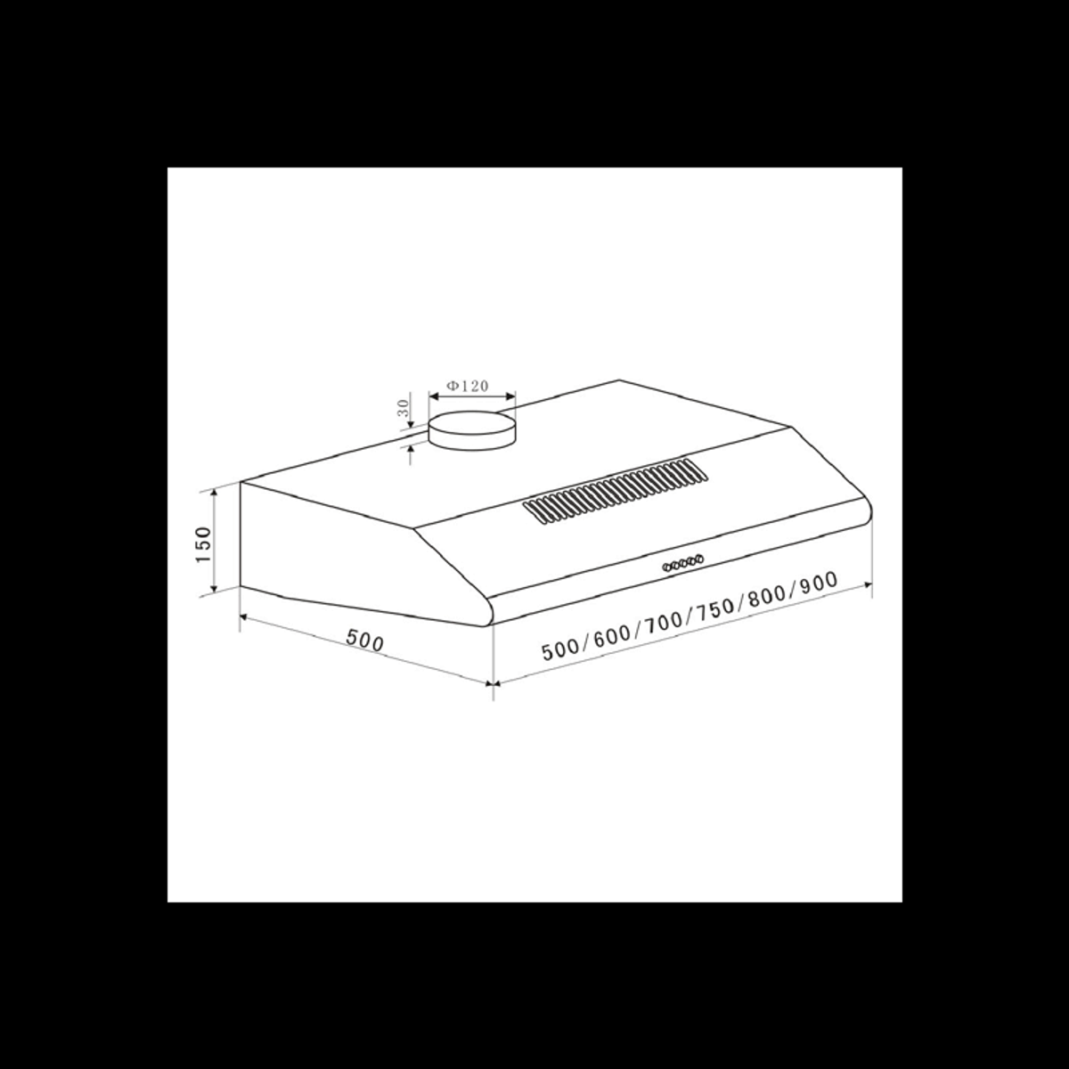 Dibujo técnico de campana extractora. Dimensiones en milímetros.