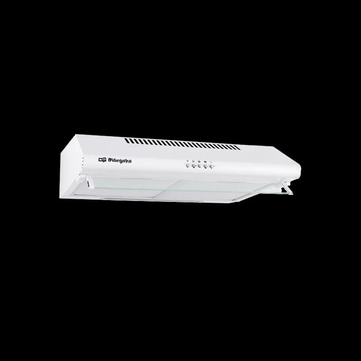 Campana extractora blanca con luces, marca 'Teka', y botones de control.