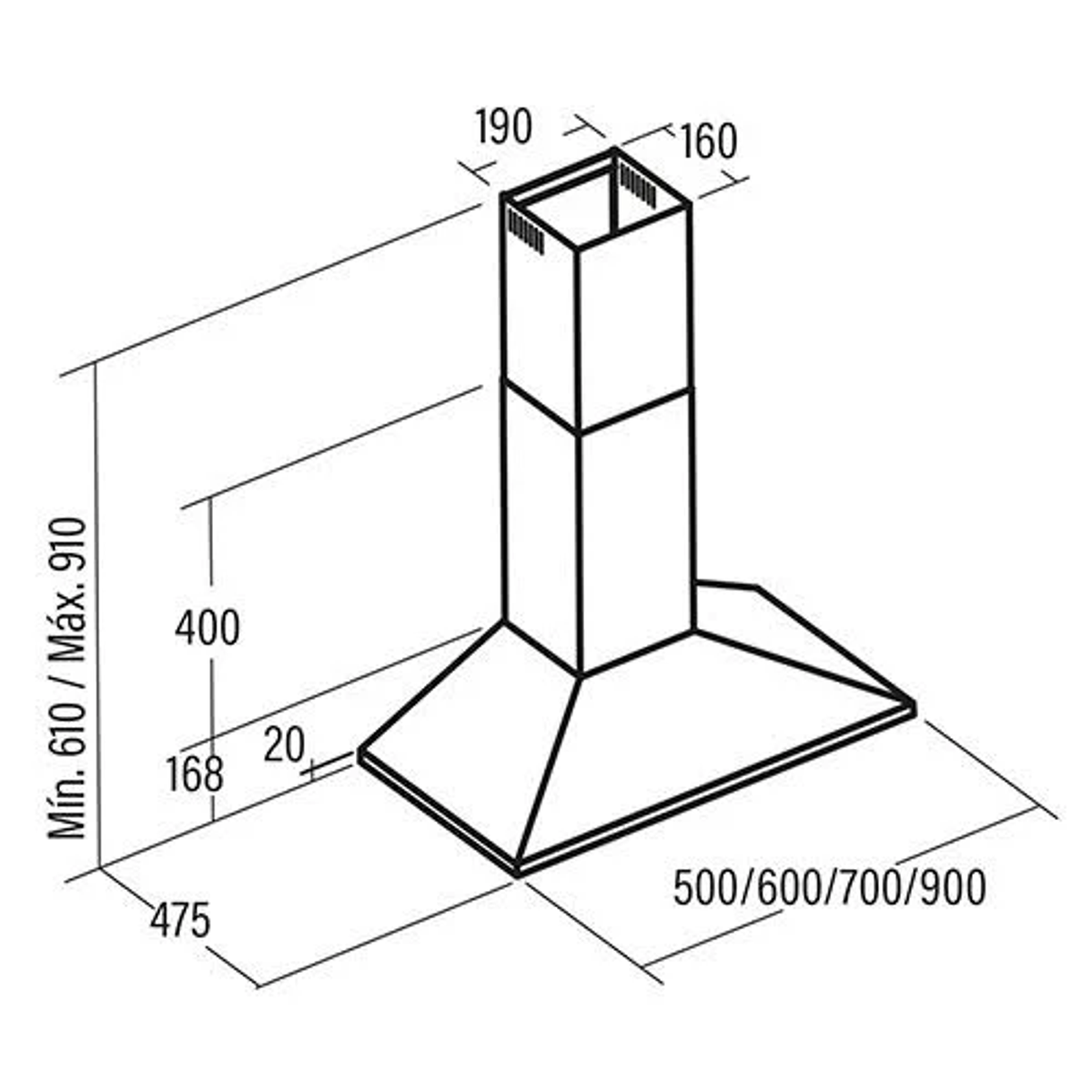 Un disegno tecnico di una cappa aspirante, con dimensioni in millimetri, su sfondo bianco.