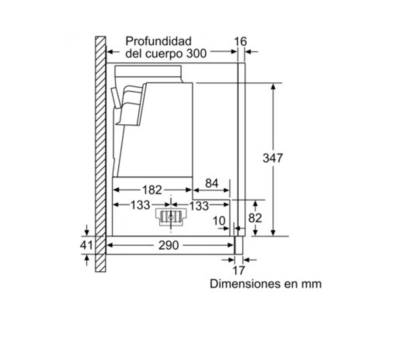 Disegno tecnico con dimensioni, vista laterale, di un elettrodomestico da incasso con misure in millimetri.