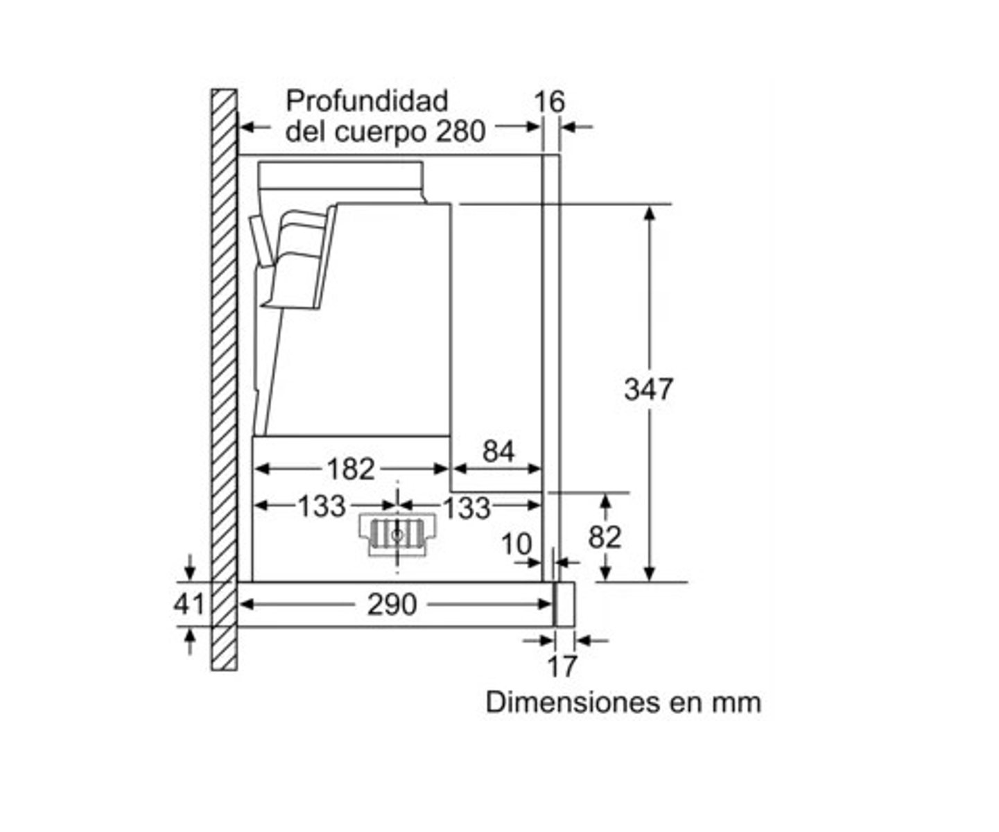 Diagramma che mostra le misure in mm di un elettrodomestico da cucina. Sono fornite le dimensioni di profondità, larghezza e altezza.