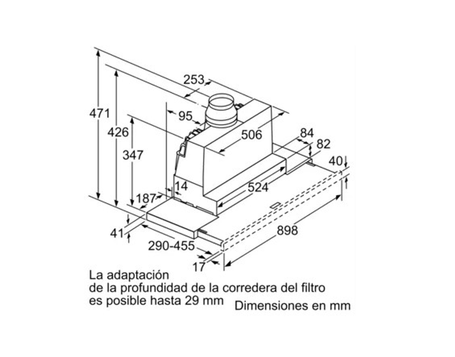 Schema di una cappa aspirante con dimensioni in mm. Mostra viste dall'alto e laterali con misure.