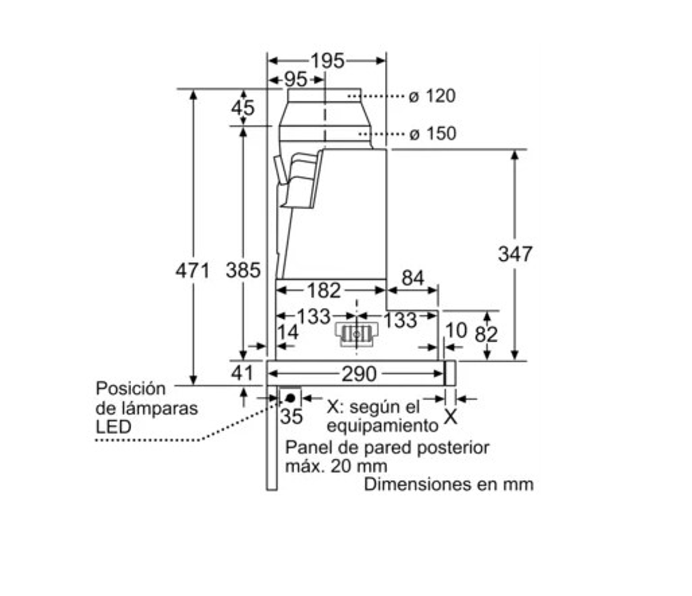 Disegno tecnico con dimensioni di una cappa da cucina, con etichette.
