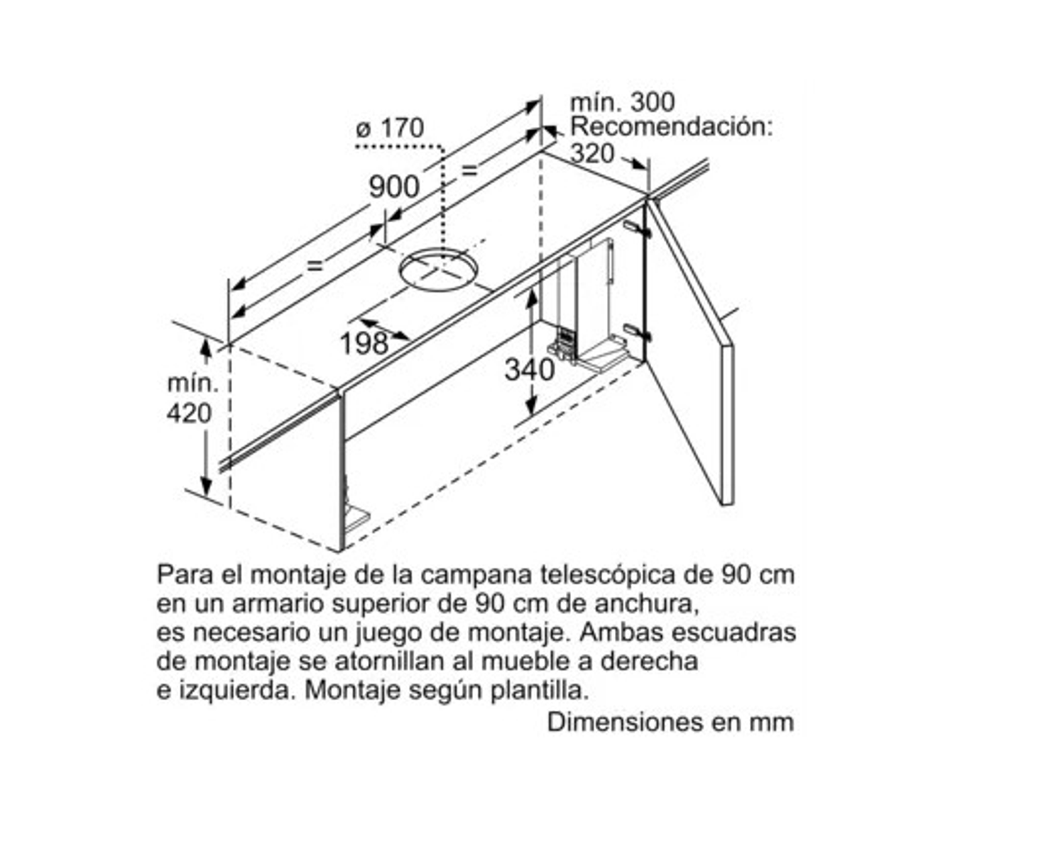 Schema con dimensioni per il montaggio di una cappa telescopica in un mobile da 90 cm.