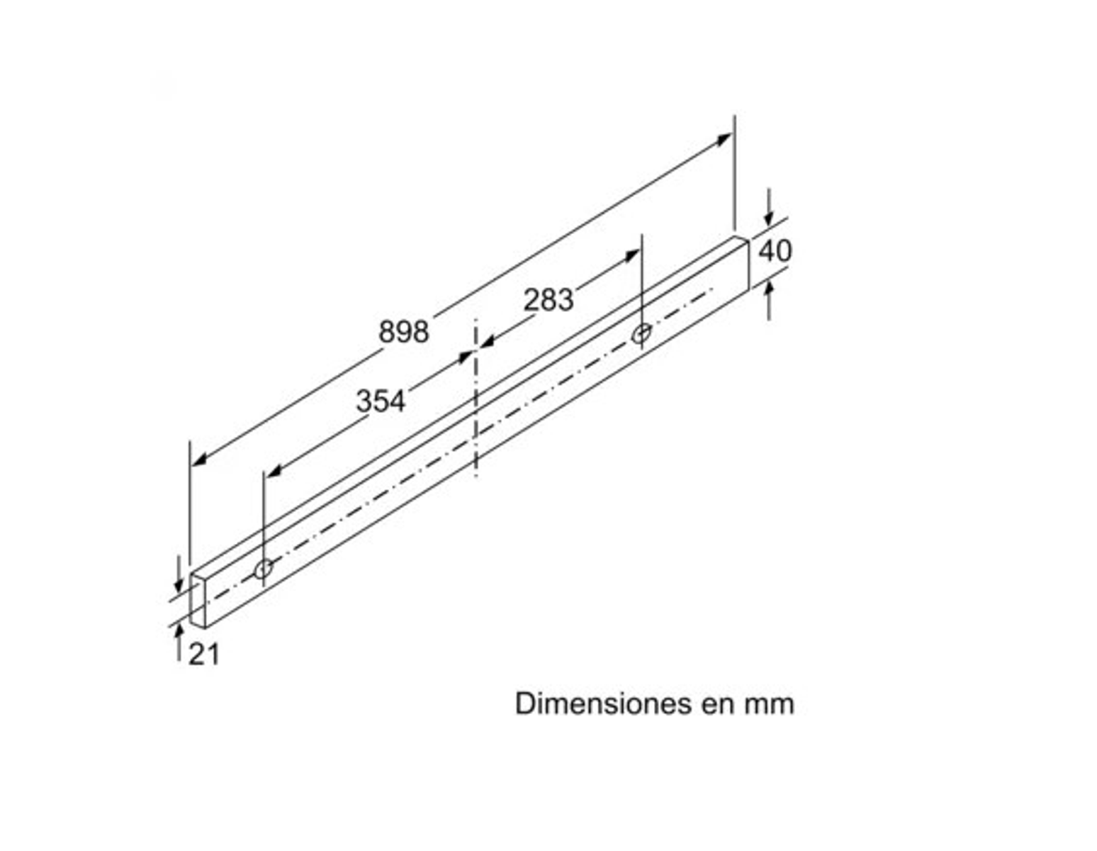Disegno tecnico che mostra una barra con dimensioni e fori, in millimetri.