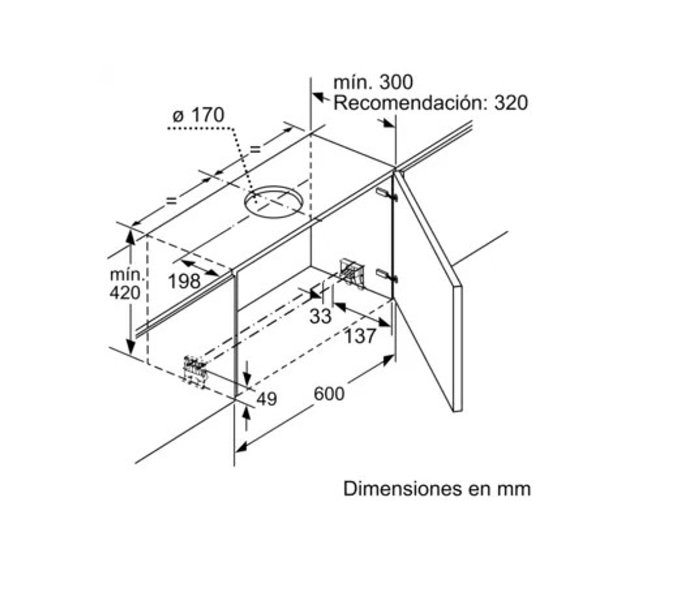Disegno tecnico di un elemento cucina a incasso, con dimensioni in mm.