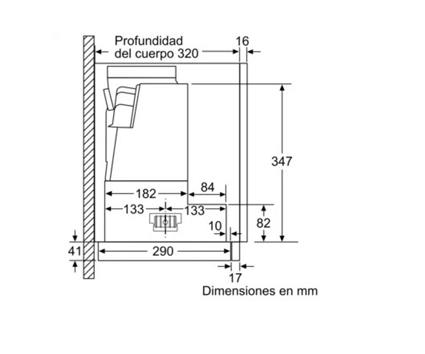 Disegno tecnico con dimensioni in mm di un elettrodomestico da incasso.