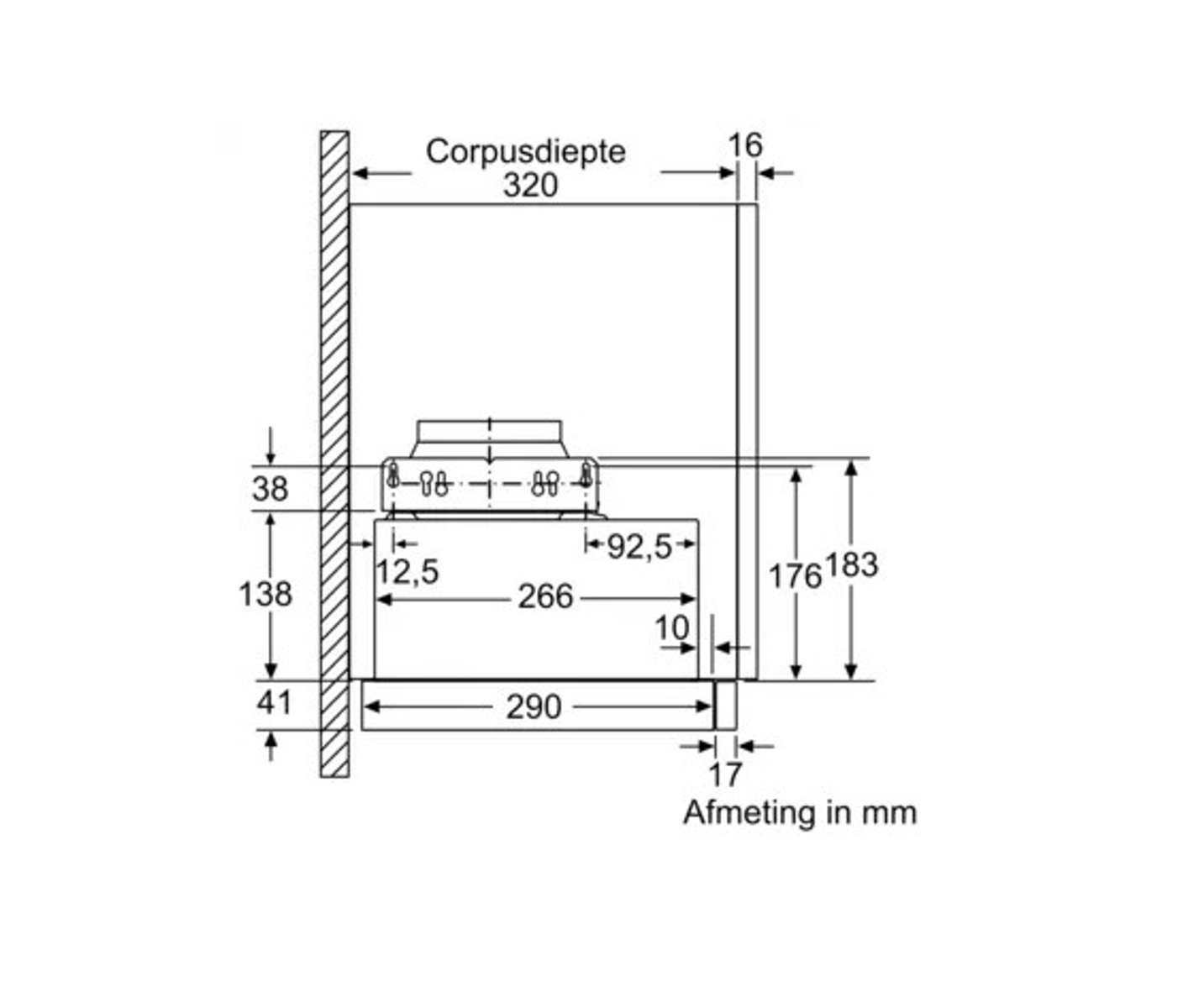 Diagram showing dimensions in mm for a kitchen appliance.