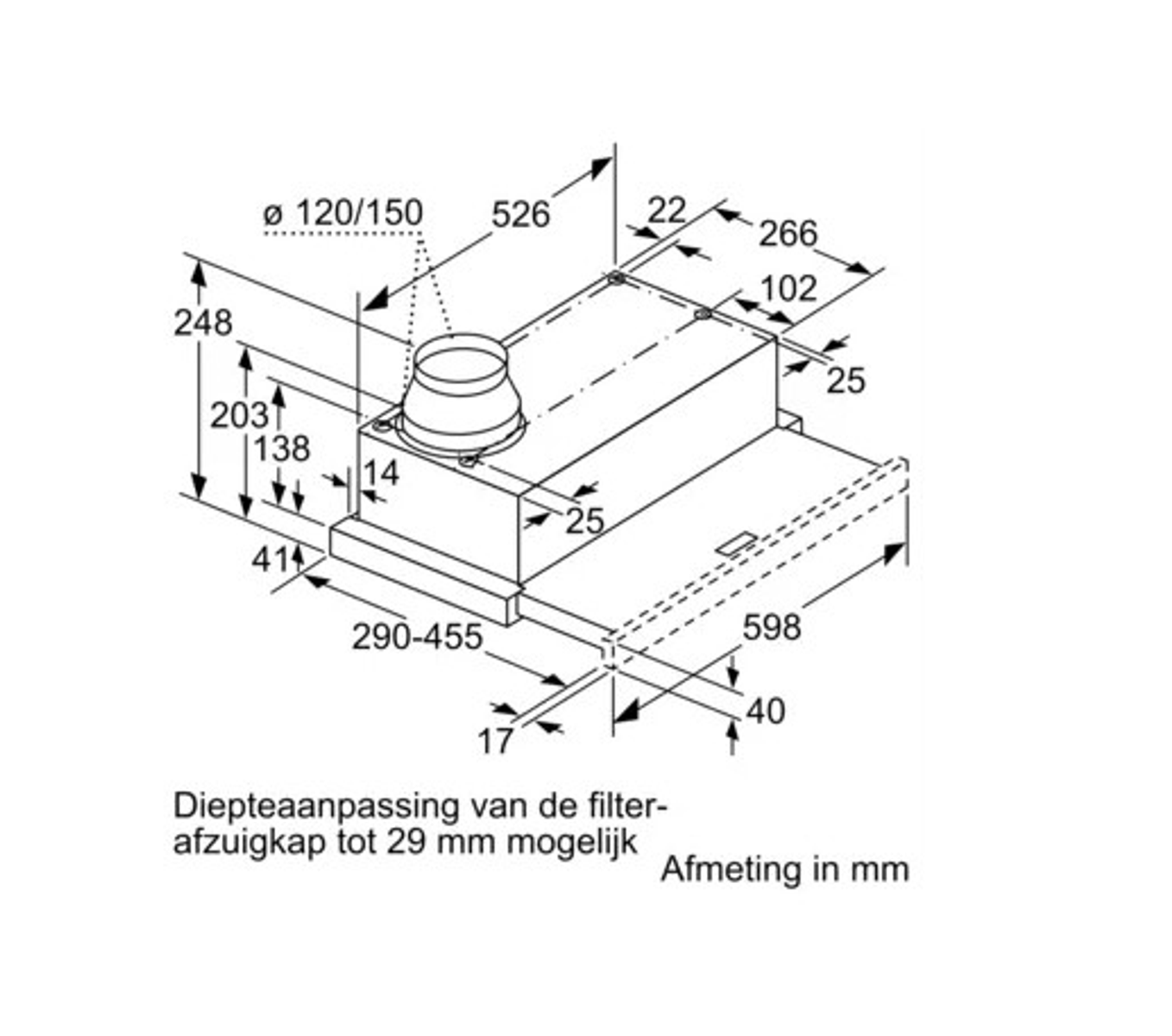 Technical drawing of a range hood with dimensions in millimeters, showing its structure.