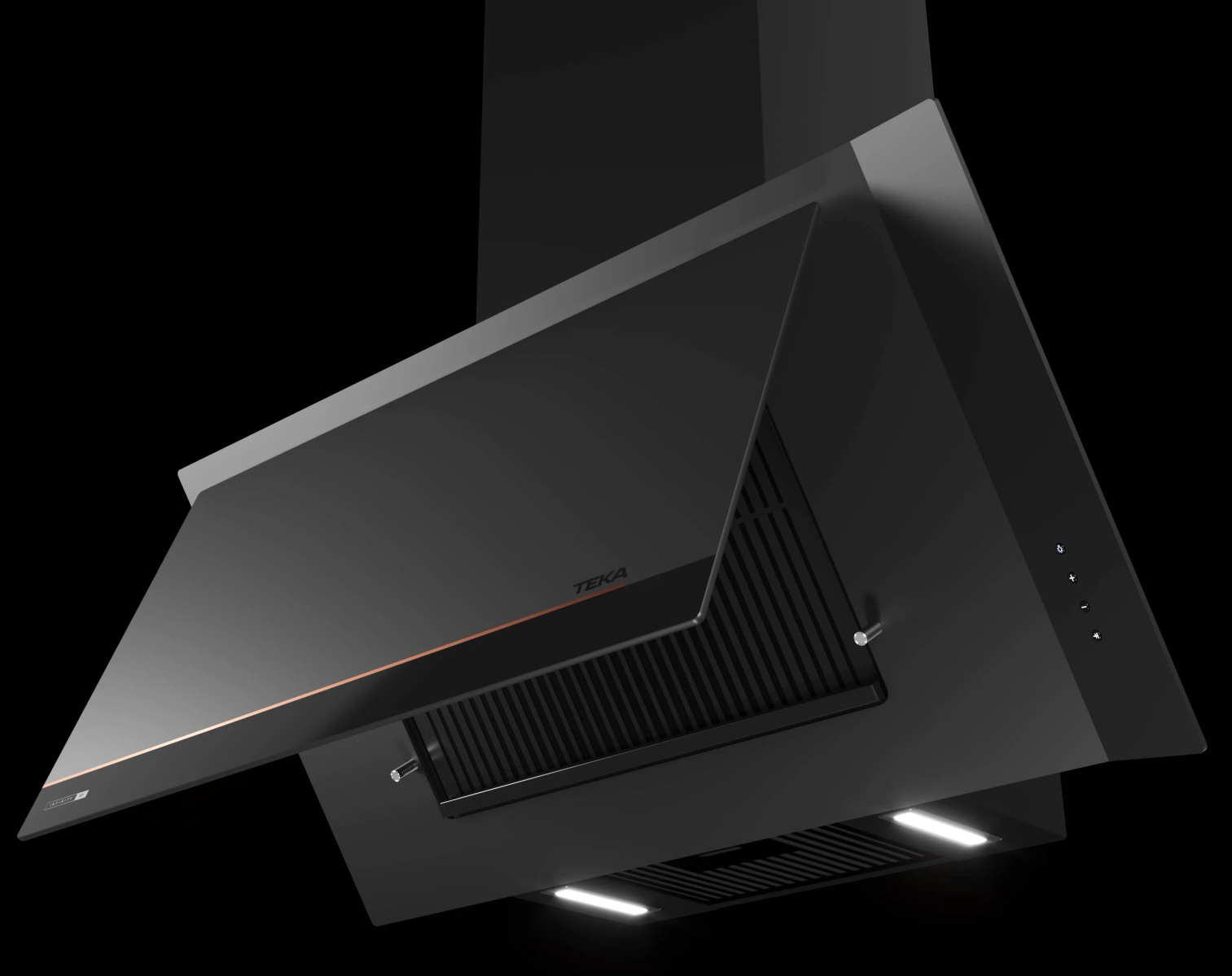 Una campana de cocina negra con diseño moderno, en ángulo sobre fondo negro.