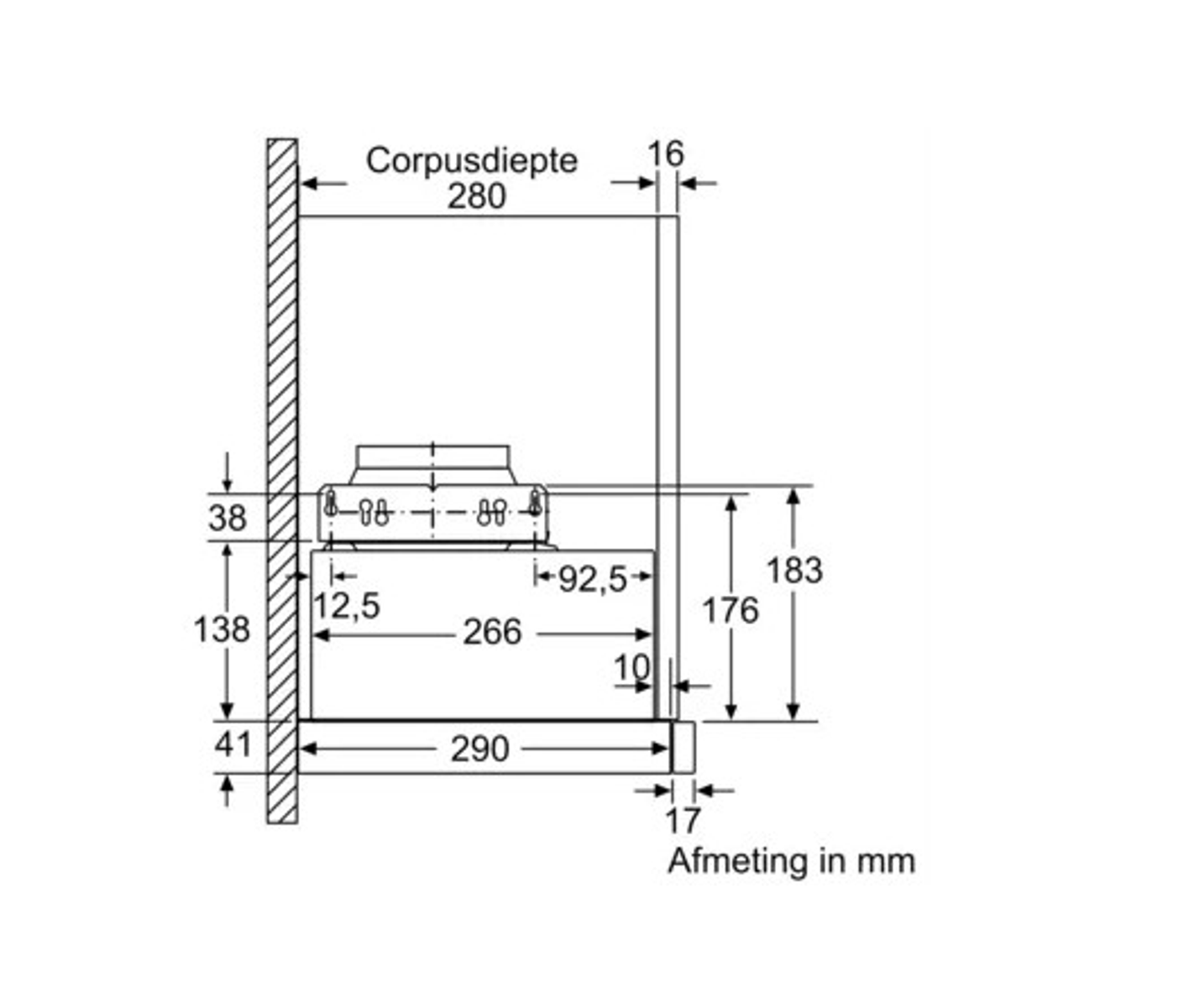 Technical drawing of a kitchen appliance, showing dimensions in millimeters.