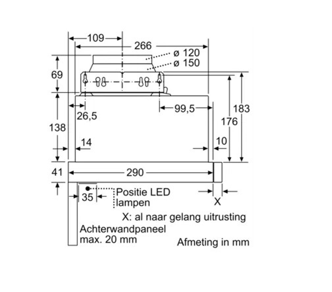 Technical drawing of a kitchen hood with dimensions in millimeters, showing side view.