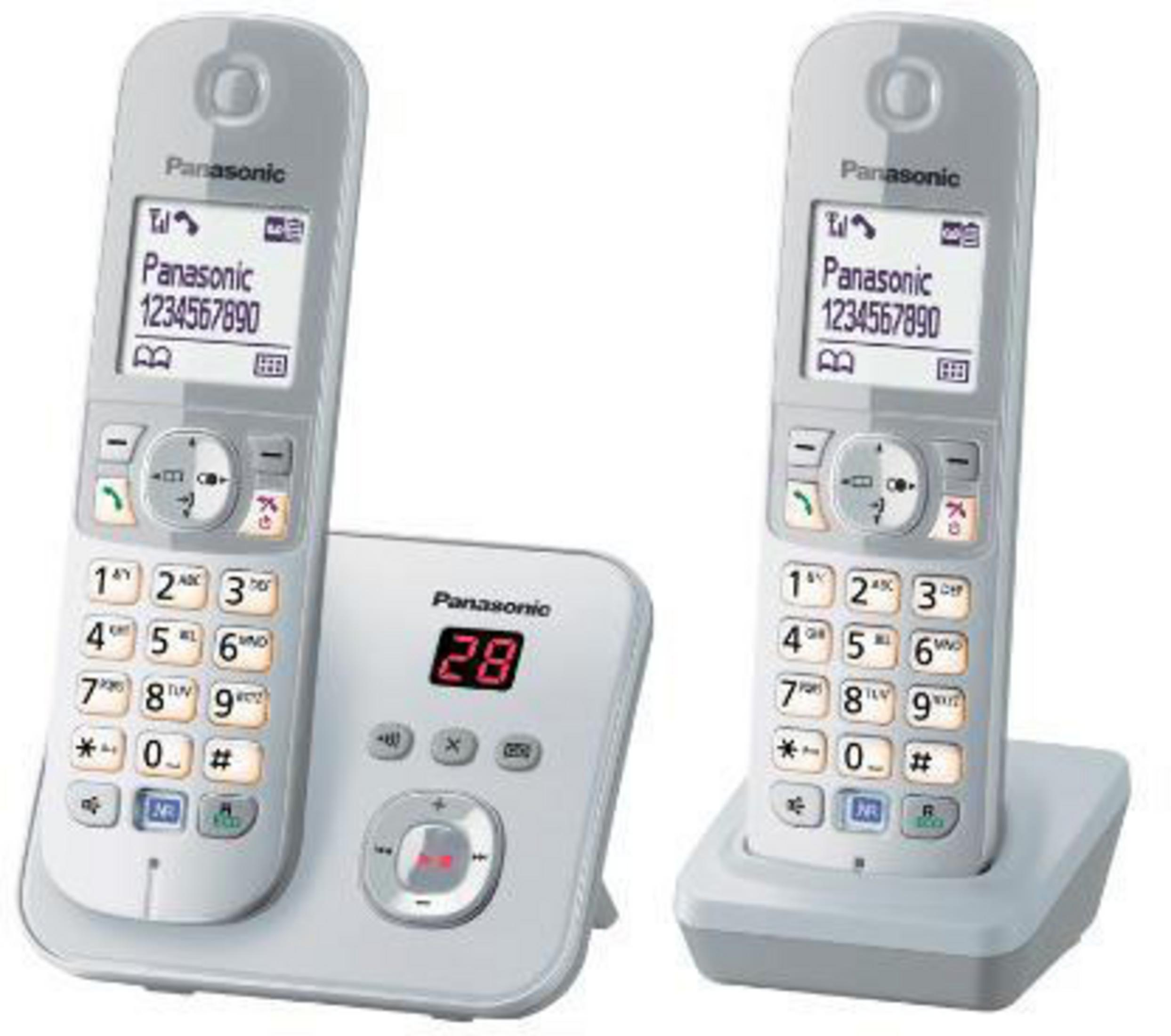 Dwa szare telefony Panasonic na białej podstawie. Każdy telefon ma ekran i ponumerowane przyciski.