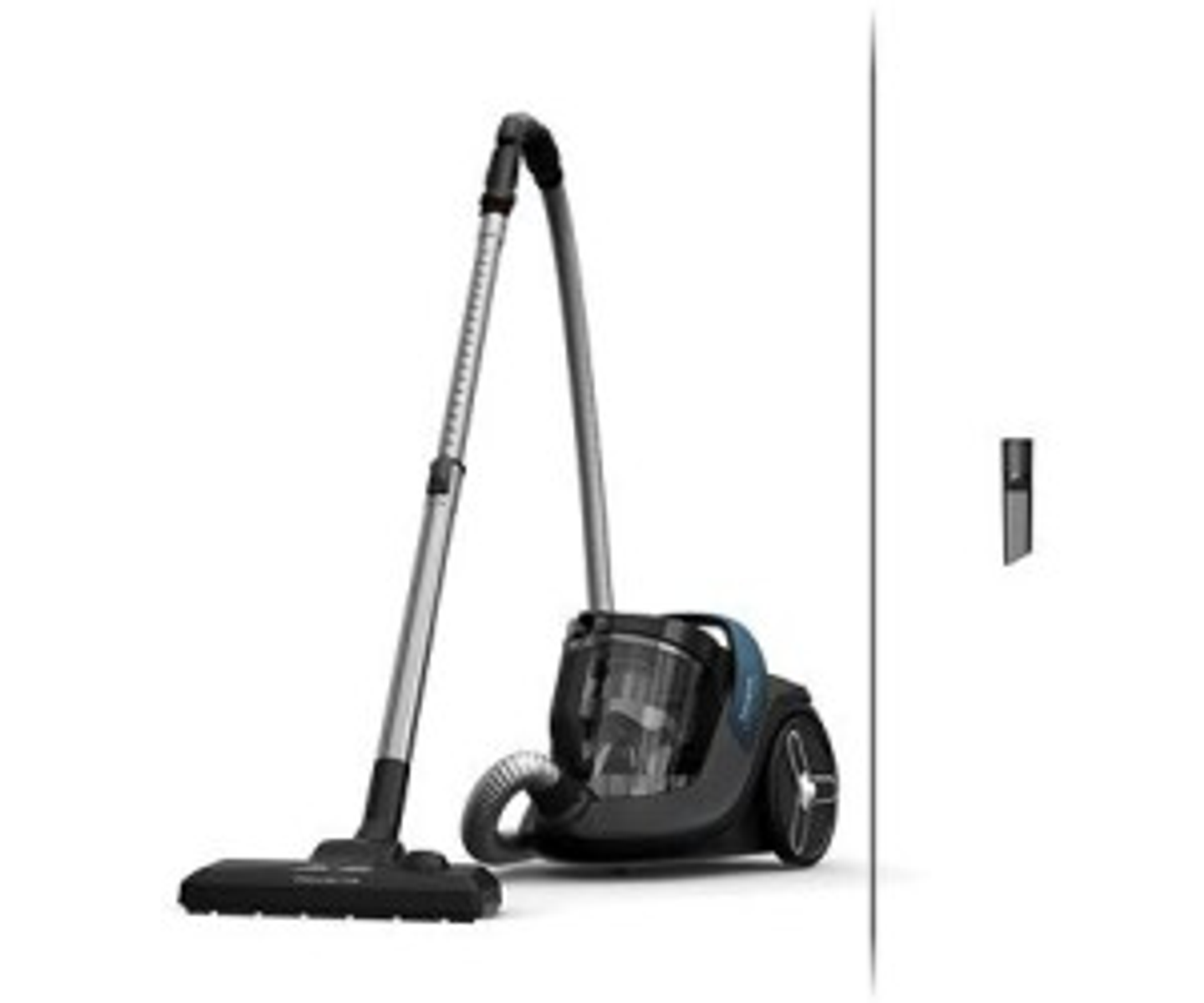 Un aspirapolvere Philips con corpo nero, tubo argentato e bocchetta nera.