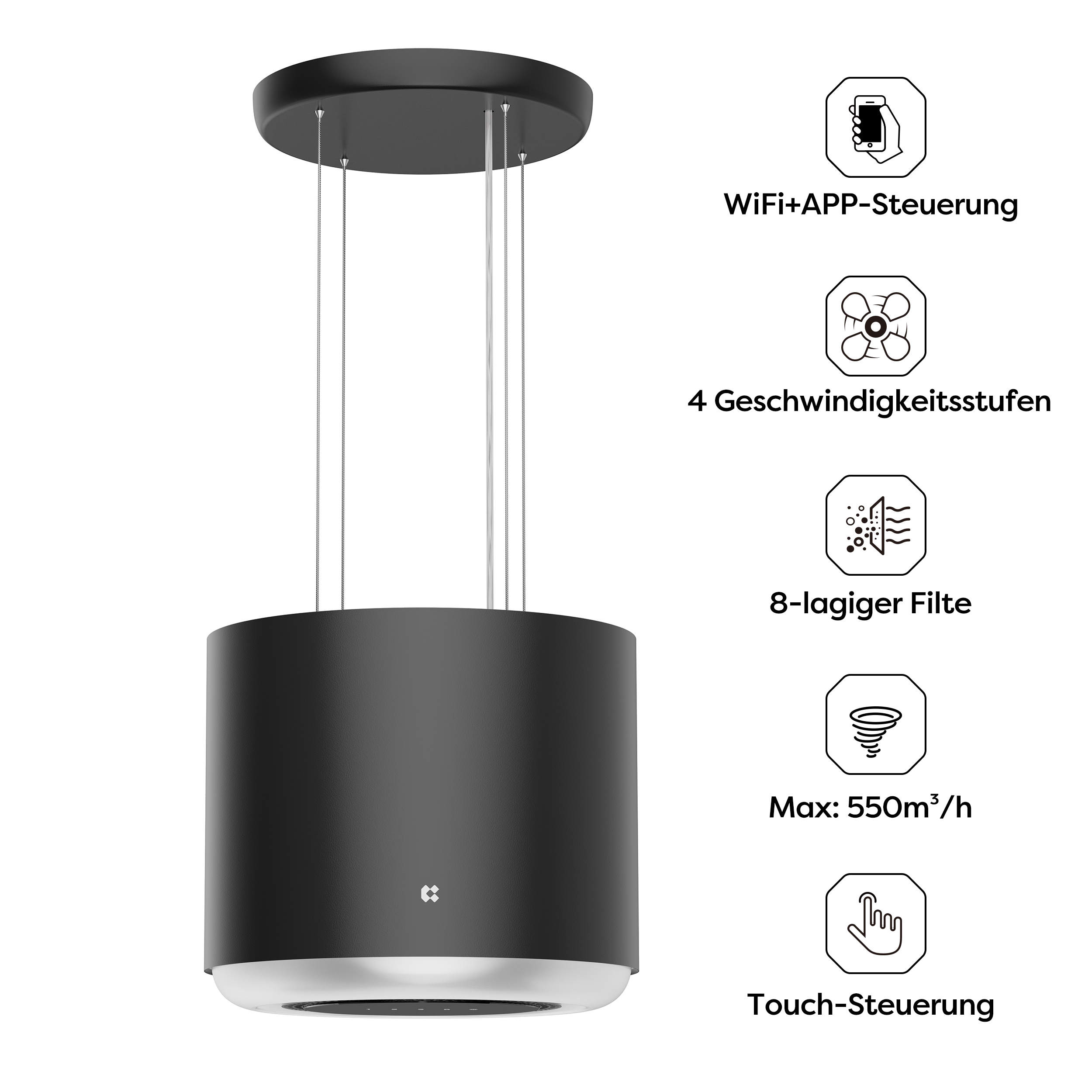 Eine schwarze zylindrische Küchenhaube, die von der Decke hängt, mit silbernem Boden und Funktionen.