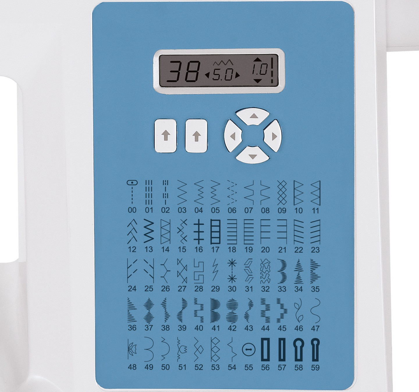 Panel sterowania maszyny do szycia z wyświetlaczem cyfrowym i wzorami ściegów.