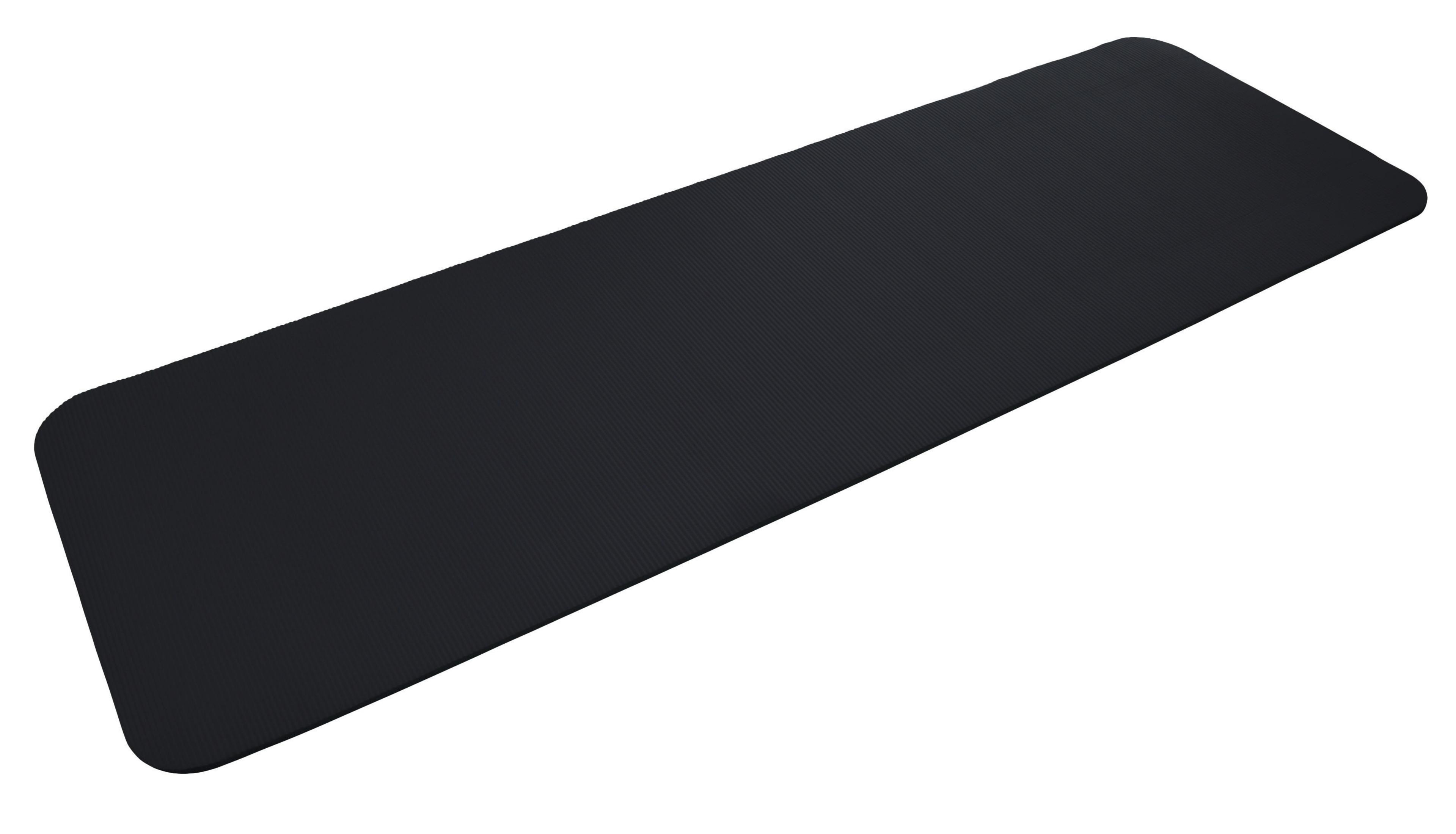 Tapis de yoga noir rectangulaire, centré, sur fond blanc.
