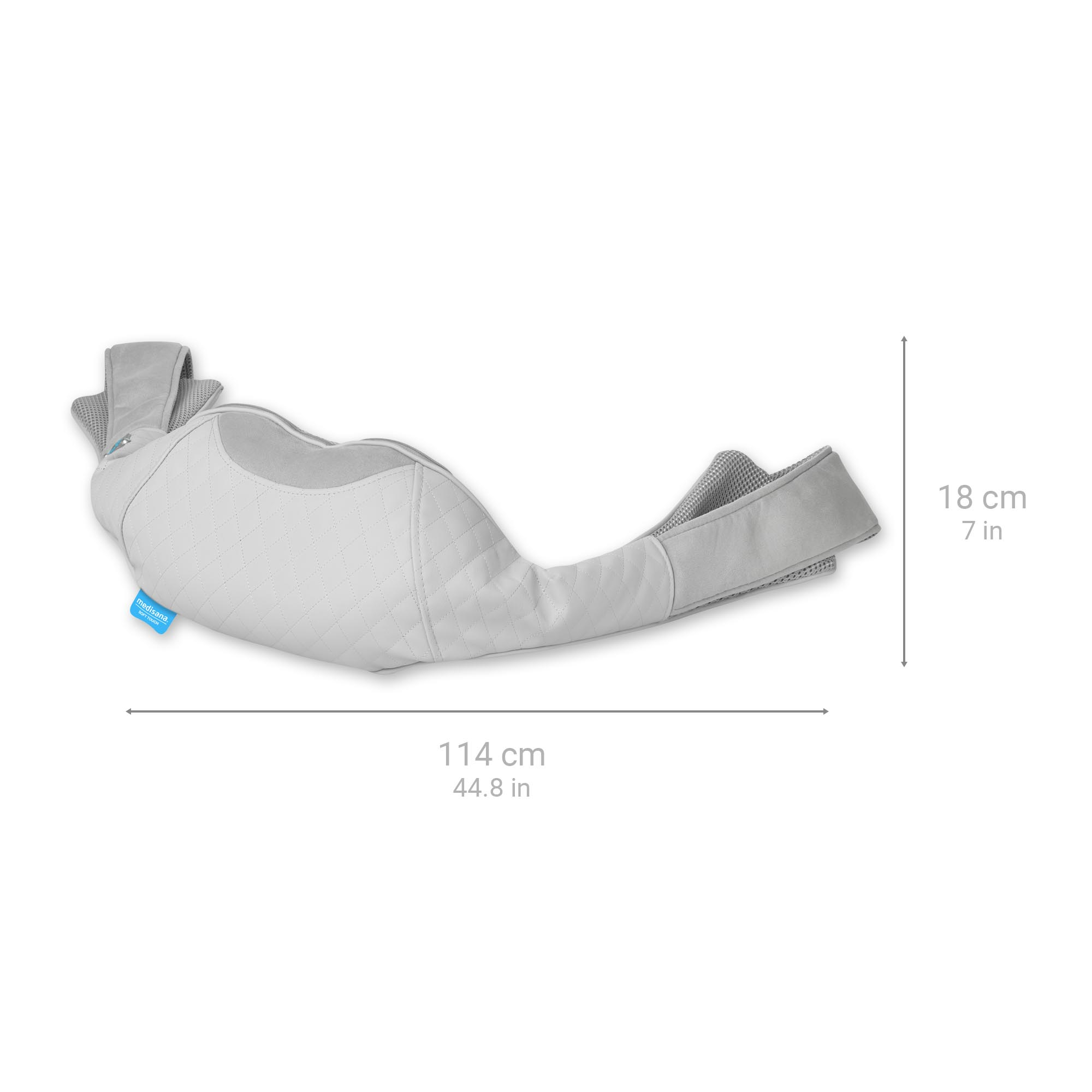 Szara poduszka do masażu. Ma 114 cm długości i 18 cm szerokości. Wymiary są wyświetlane.