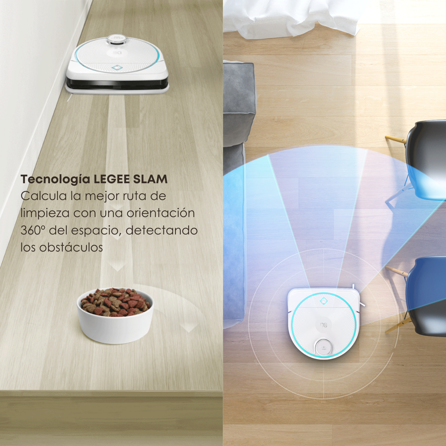 Robot aspirador limpiando suelo de madera, con un cuenco de comida para mascotas.