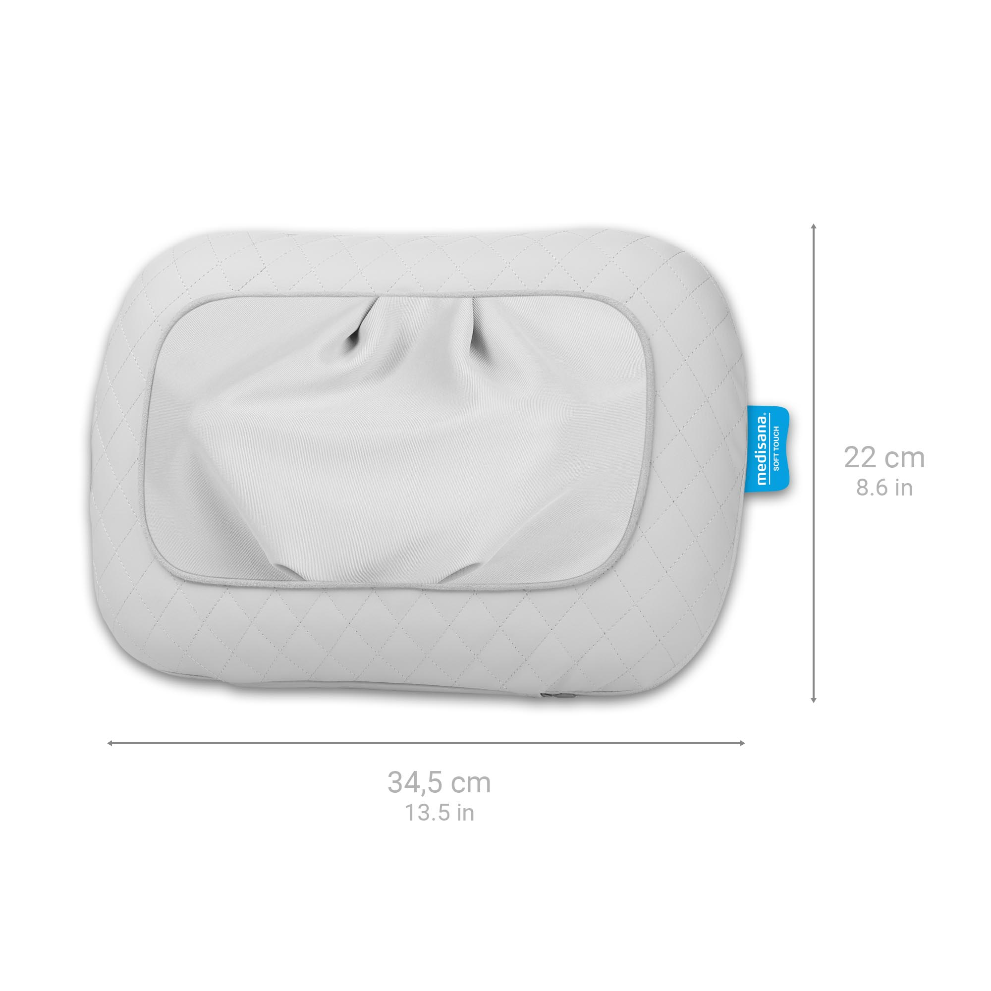 Almohada de masaje blanca con diseño acolchado y etiqueta azul que indica dimensiones de 34,5 cm x 22 cm.