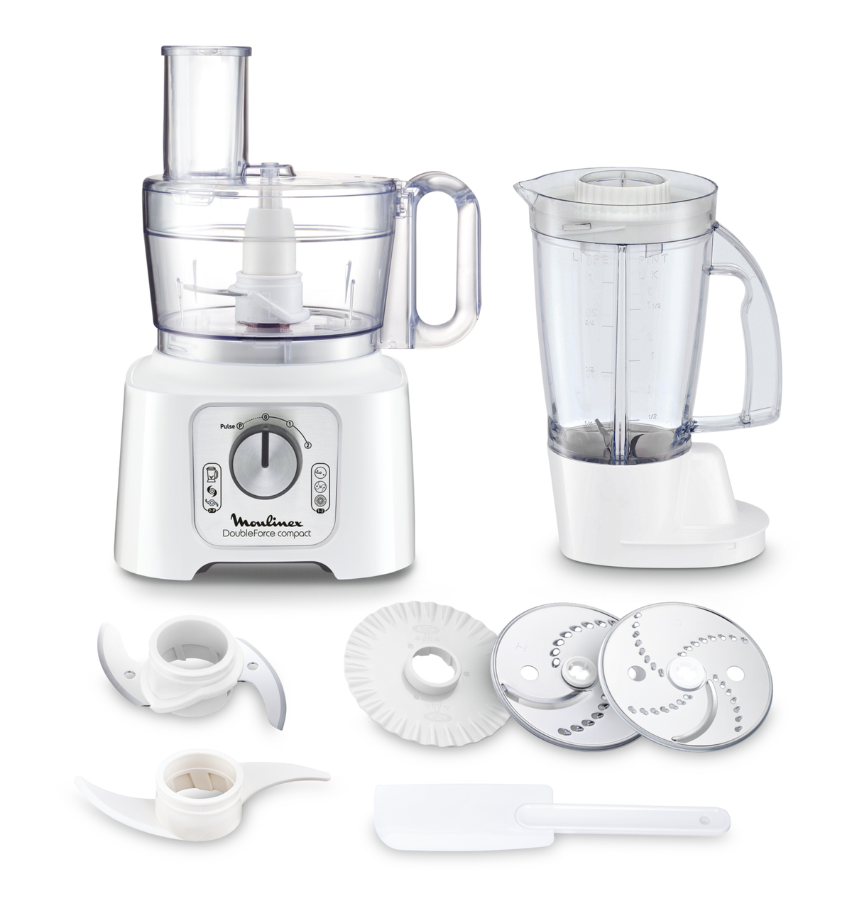 Weißer Moulinex-Foodprozessor mit Aufsätzen und Mixer auf weißem Hintergrund.
