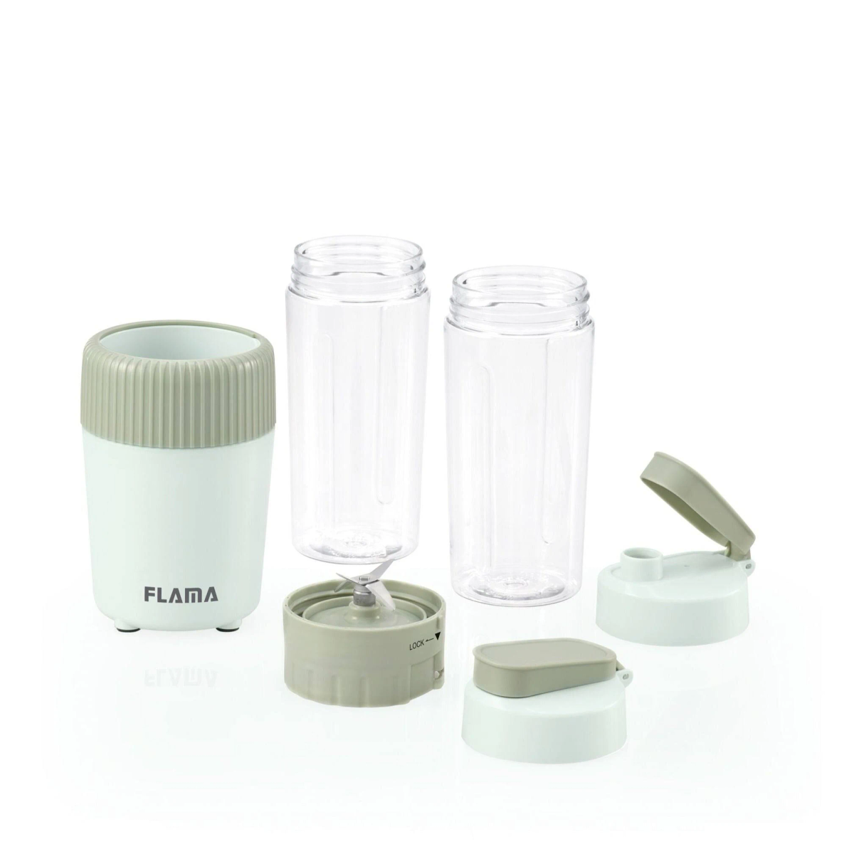 Componentes de licuadora: base, dos vasos, tapas y accesorio de cuchilla.