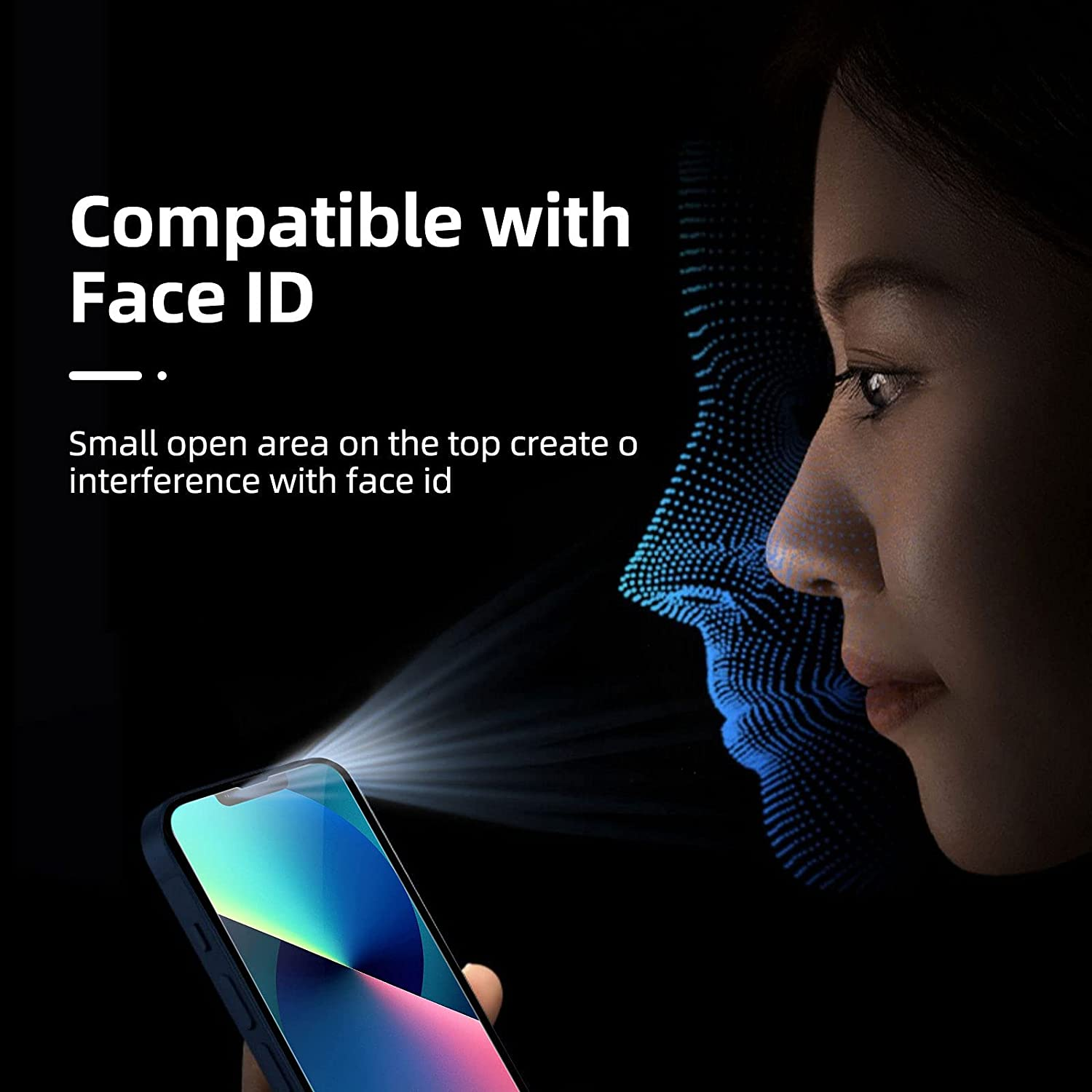 Gesicht einer Frau und Telefon, mit Text über Face ID-Kompatibilität.