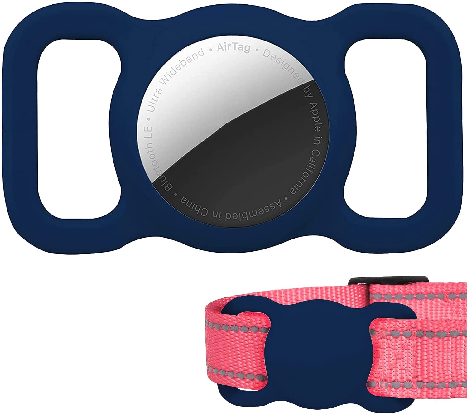 Niebieski uchwyt AirTag z różową obrożą dla psa z odblaskiem.