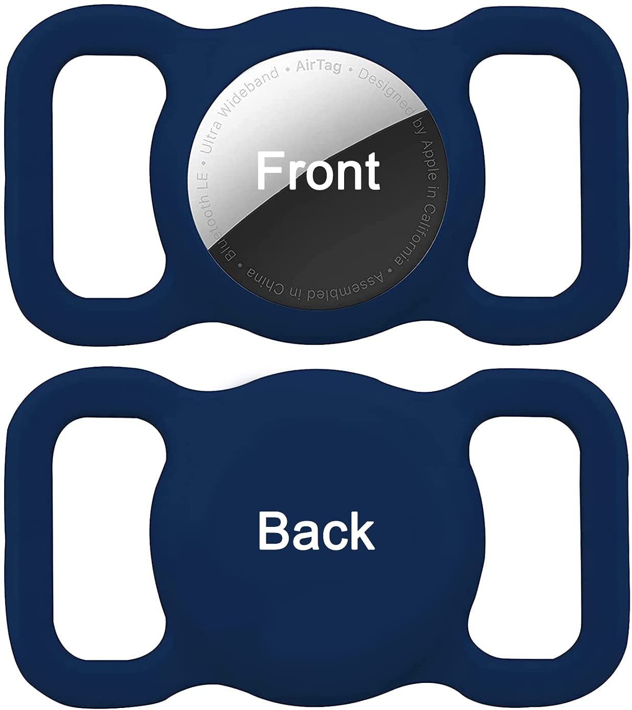 Niebieska zawieszka z etykietami z przodu i z tyłu. Zawieszka jest przeznaczona dla Apple AirTag. Białe tło.