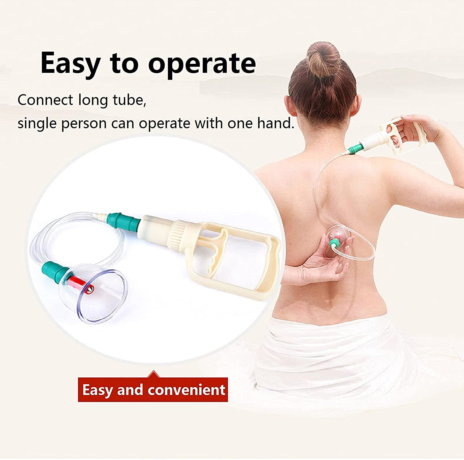 A person's back being treated with cupping therapy, with a cupping device and tube.