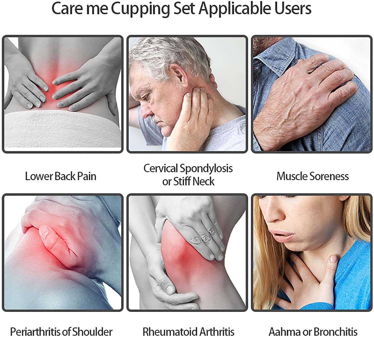 Images showing people with health issues, including back pain, neck pain, and arthritis. White background.