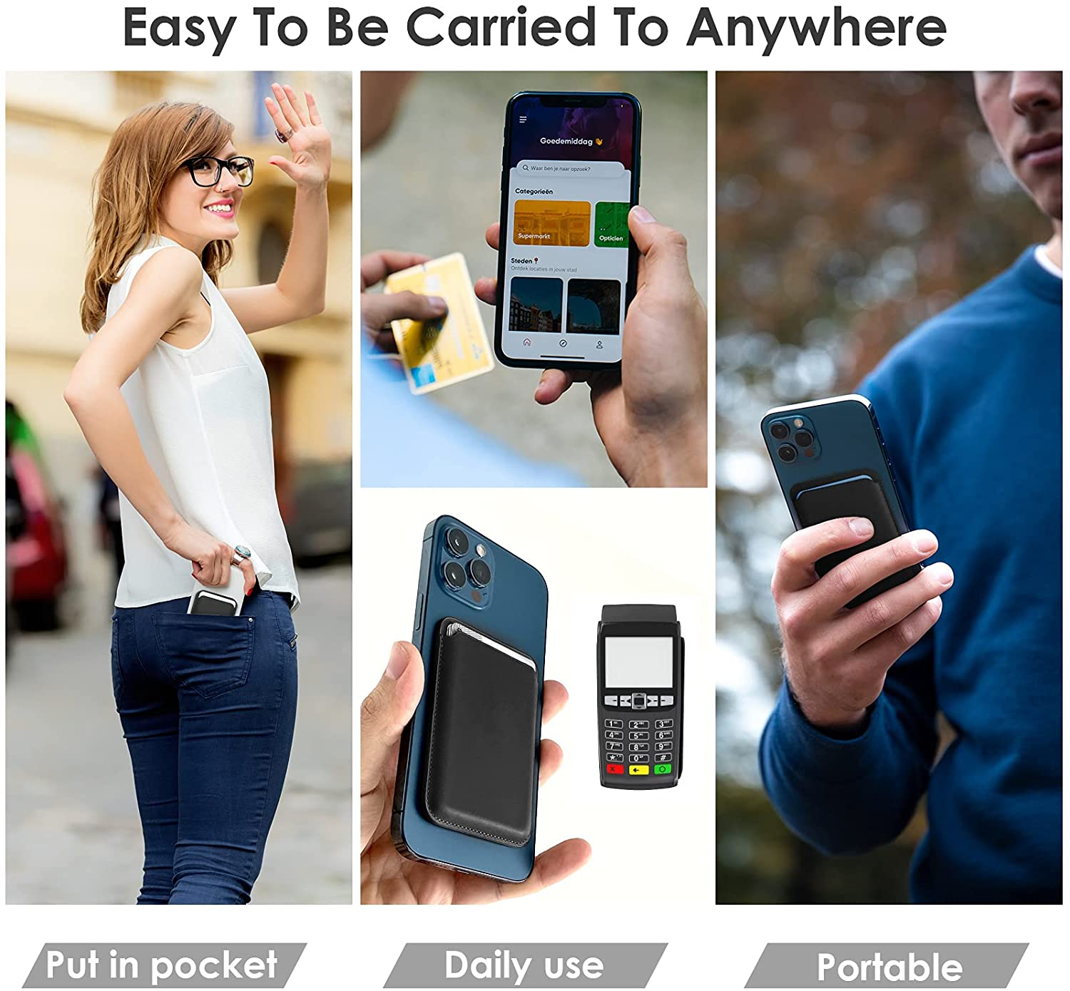 Bilder zeigen eine Person, die ein Telefon, eine Kreditkarte und ein tragbares Zahlungsgerät verwendet.