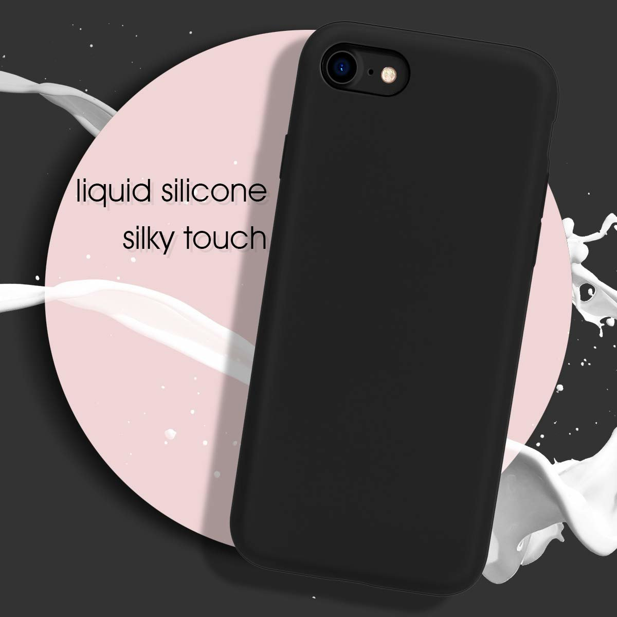 Schwarze Handyhülle mit pinkem Kreis. Seidiger Touch-Text und weißer Flüssigkeitsspritzer.