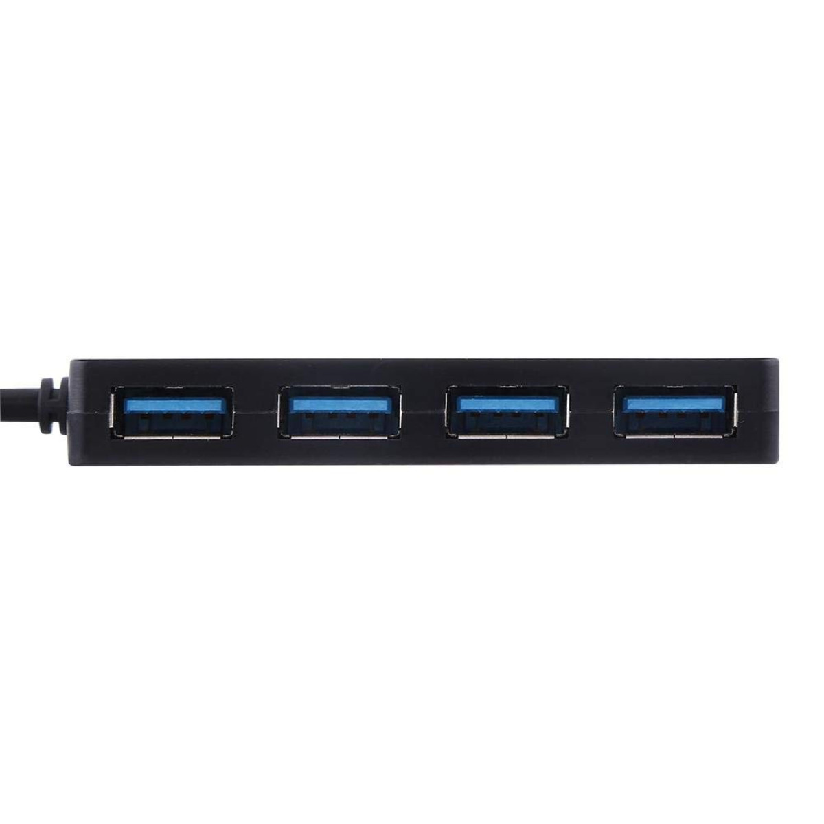 Schwarzer USB-Hub mit vier blauen USB-Anschlüssen. Der Hub ist rechteckig, links ist ein Kabel.