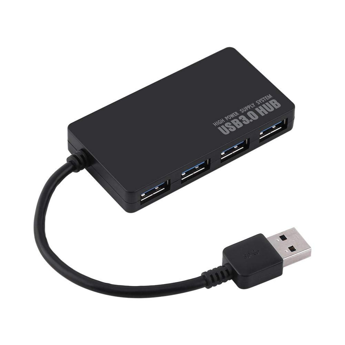Ein schwarzer USB 3.0 Hub mit angeschlossenem USB-Kabel, mit 4 Anschlüssen und der Aufschrift USB 3.0 HUB.