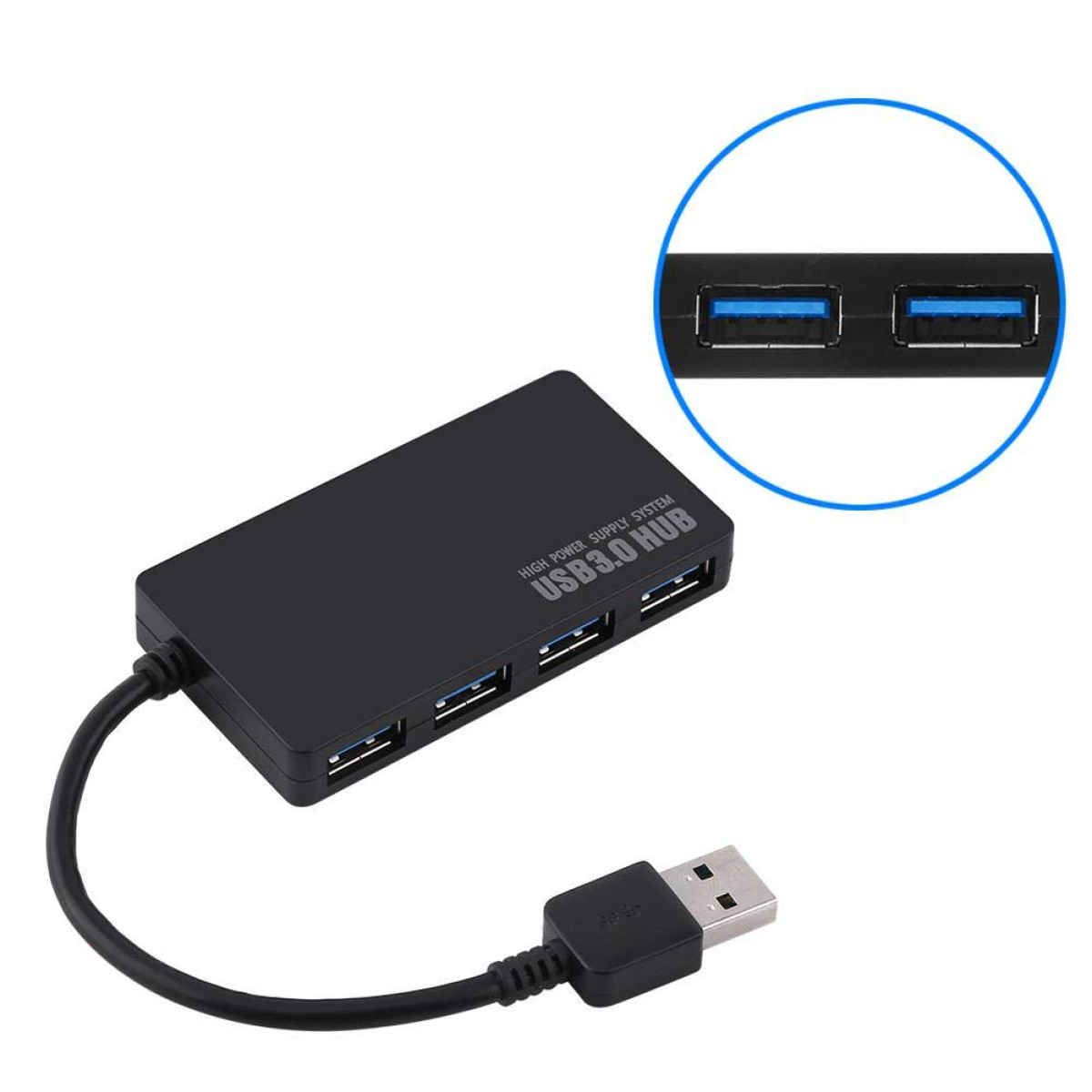 Ein schwarzer USB 3.0-Hub mit Kabel und USB-Anschluss. Weißer Hintergrund.