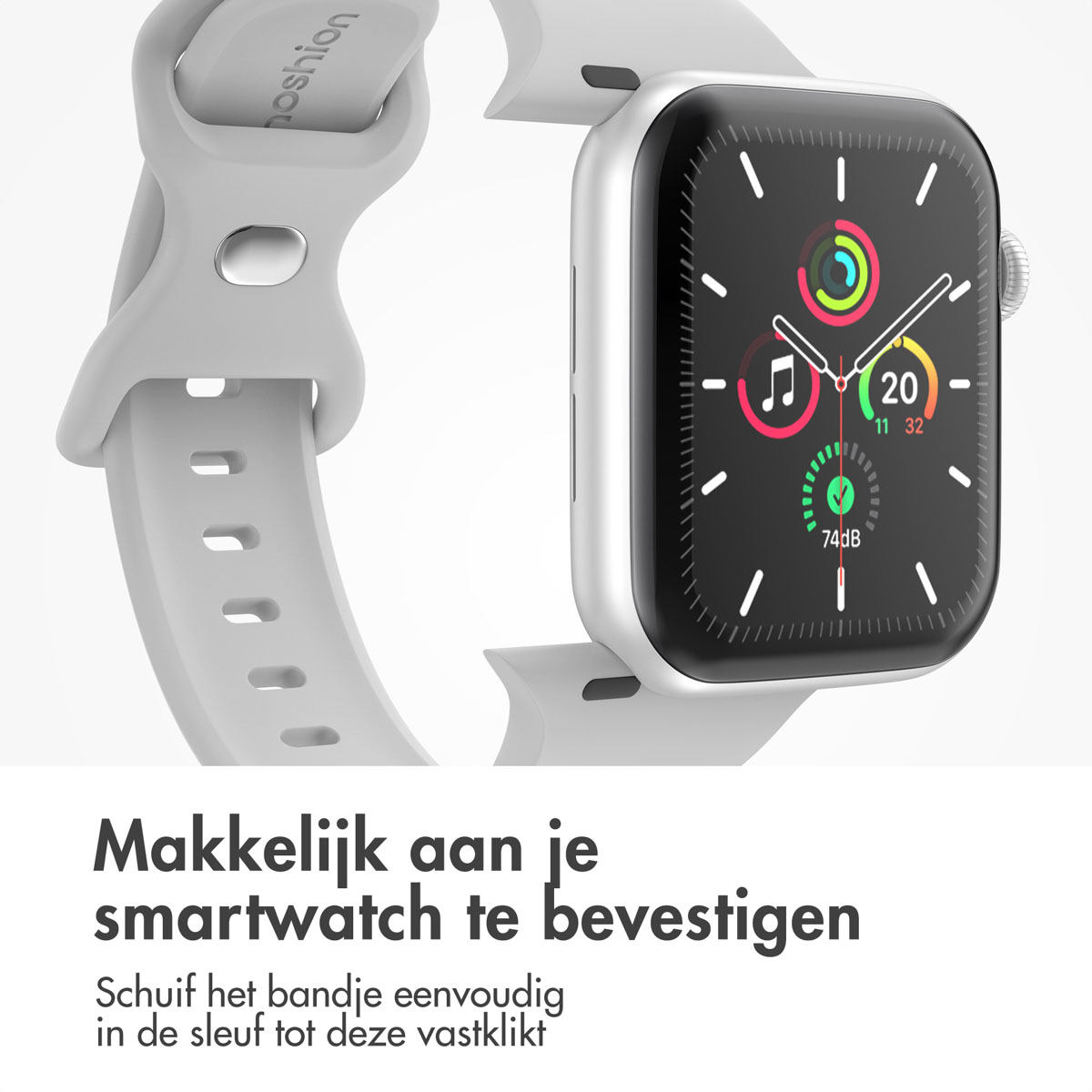 Silver Apple Watch with gray band attached, showing time and activity.
