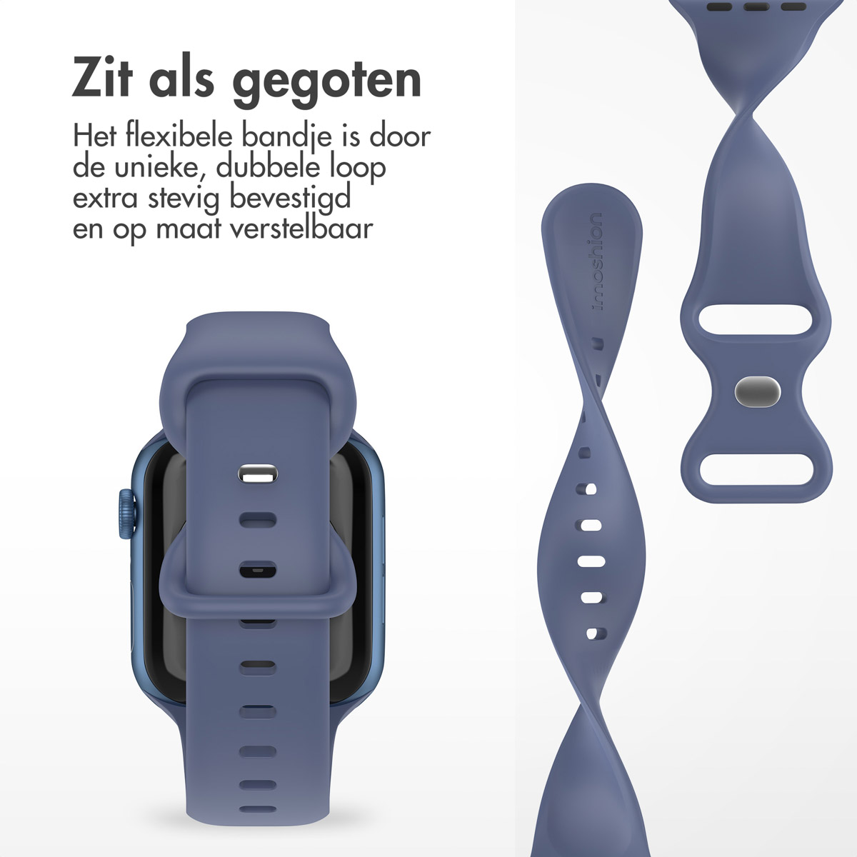A blue smartwatch with a blue strap, and two detached blue straps, all with the imoshion logo.