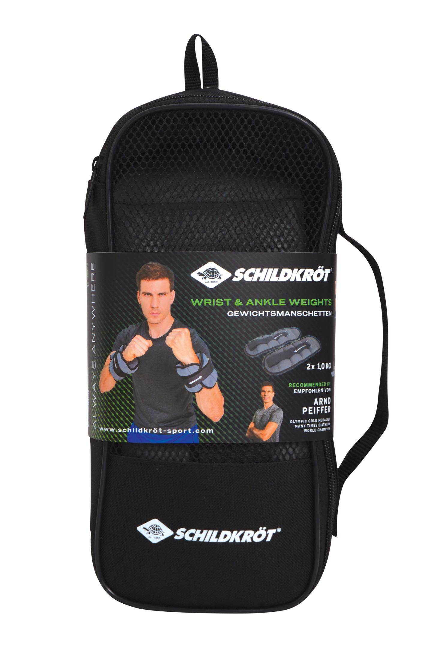 Schwarze Tasche mit Hand- und Knöchelgewichten, mit Mann auf dem Etikett.