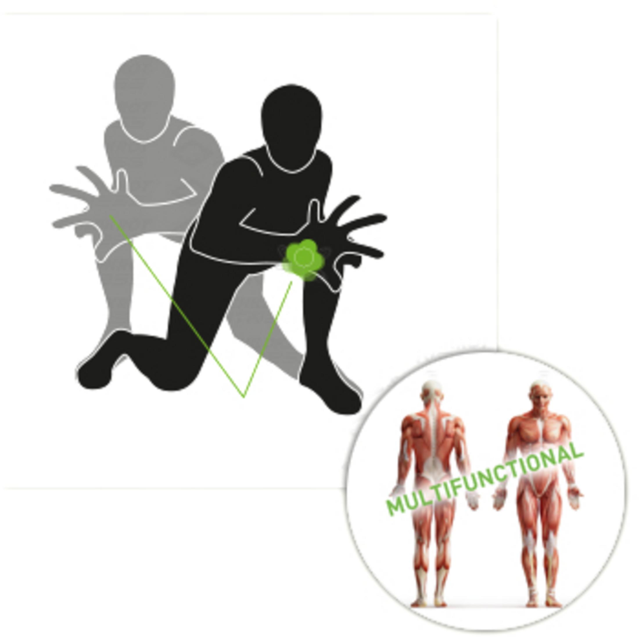 Figura di una persona in movimento, con diagrammi muscolari e testo.