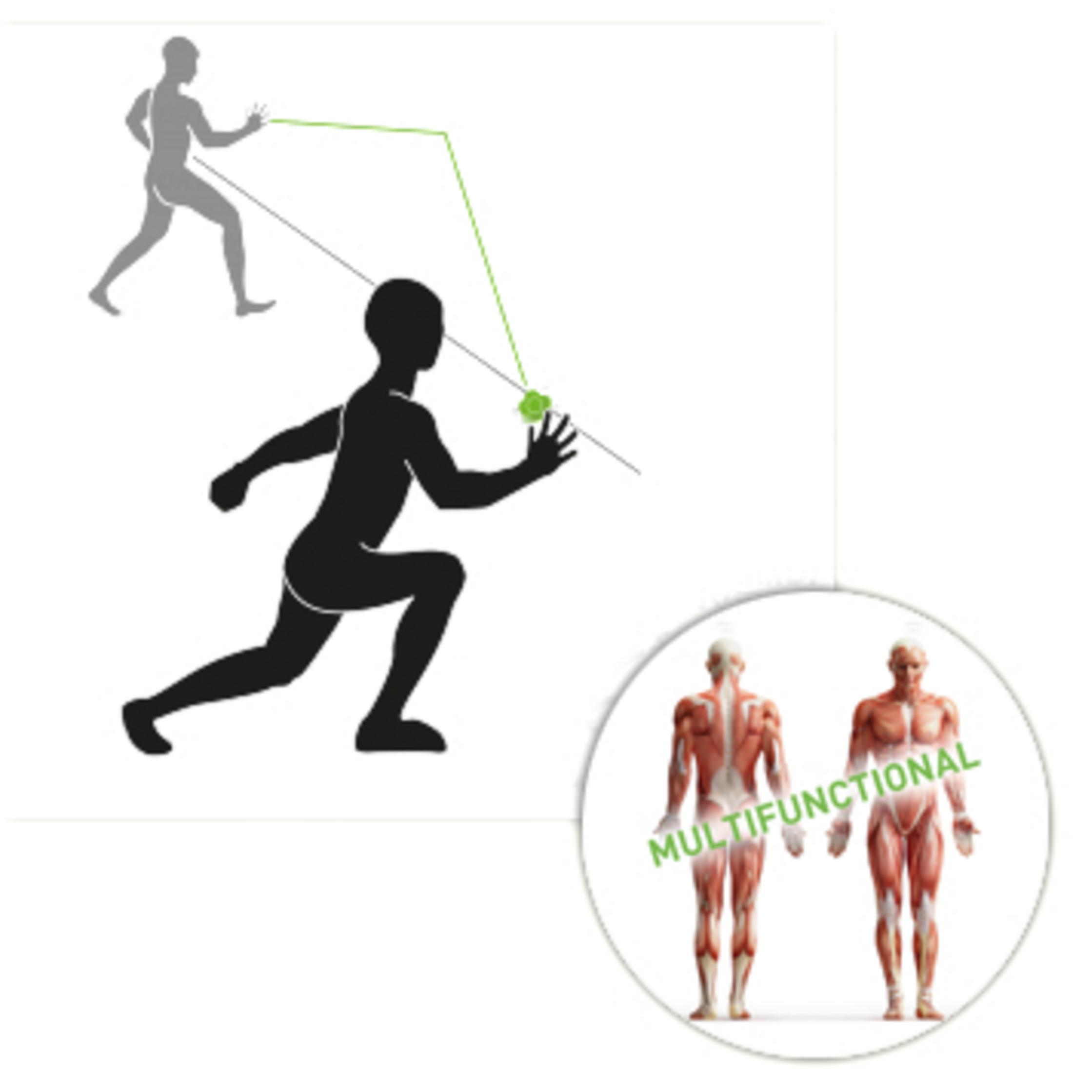 Silhouette di figure che dimostrano movimenti sportivi, con un diagramma del corpo umano.
