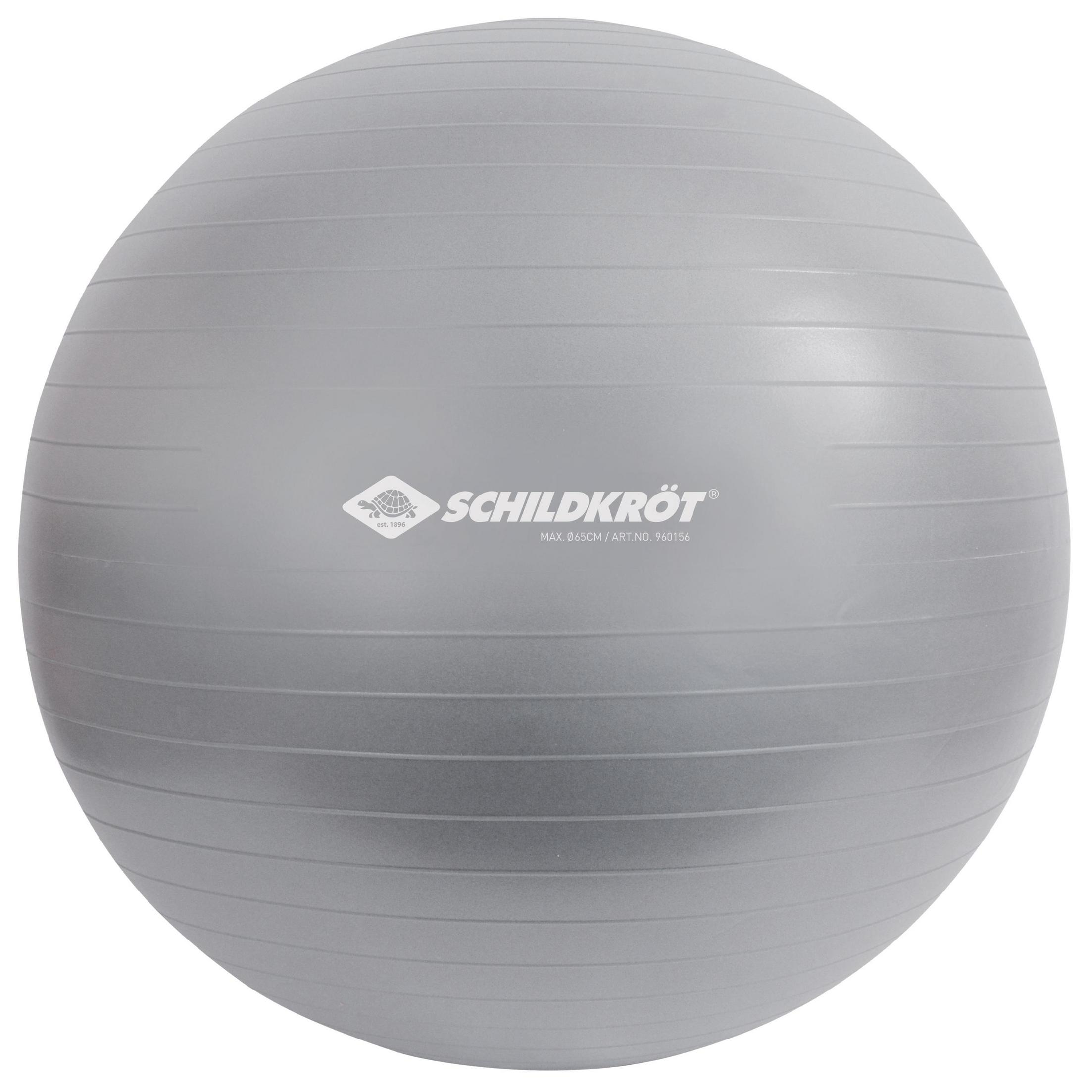 Grauer Gymnastikball. Weißer Text, schwarzes Logo. Hintergrund ist weiß.
