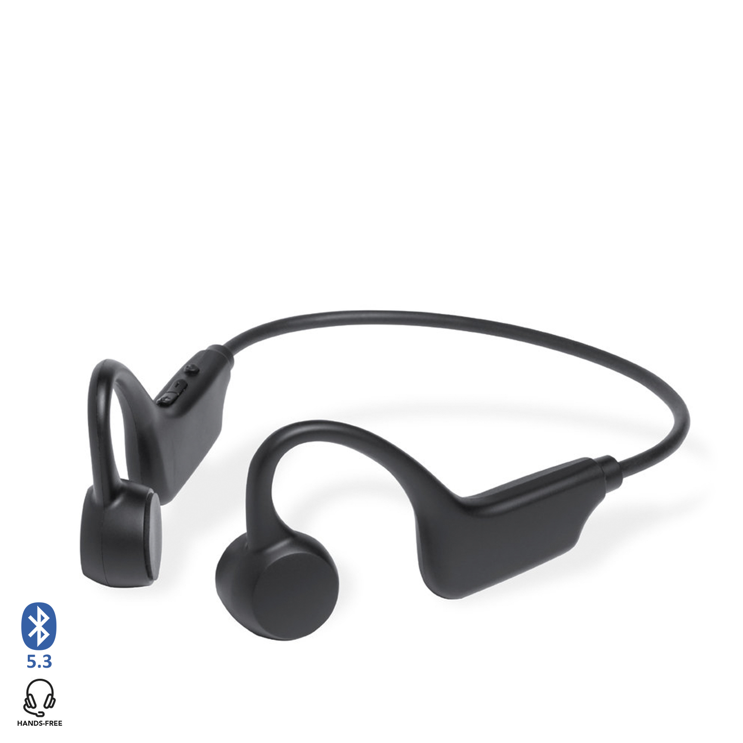 Cuffie a conduzione ossea nere. Icone Bluetooth e vivavoce presenti a sinistra.