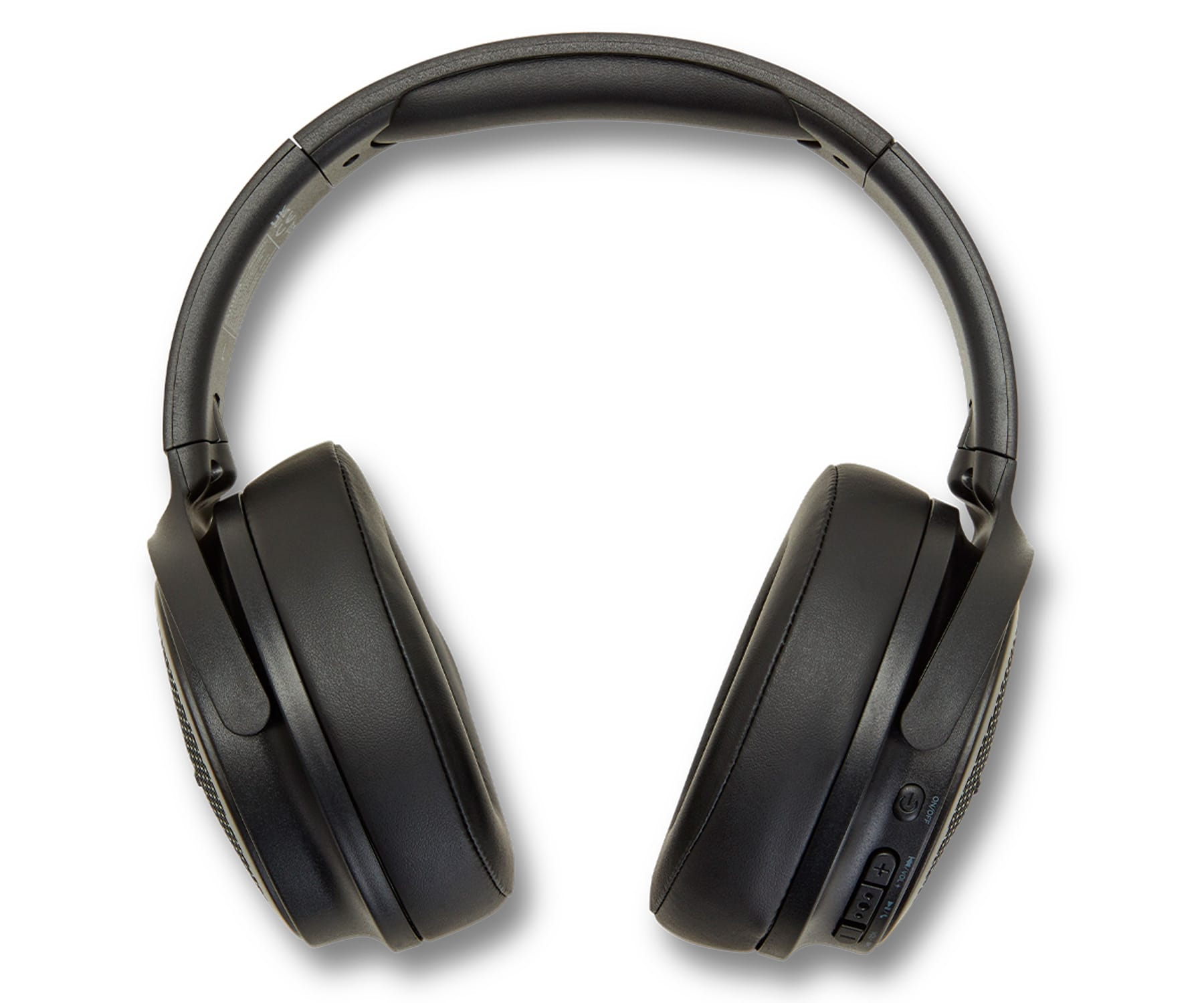 Czarne słuchawki nauszne, widok z góry, leżące na białej powierzchni. Nauszniki są duże i wyściełane.