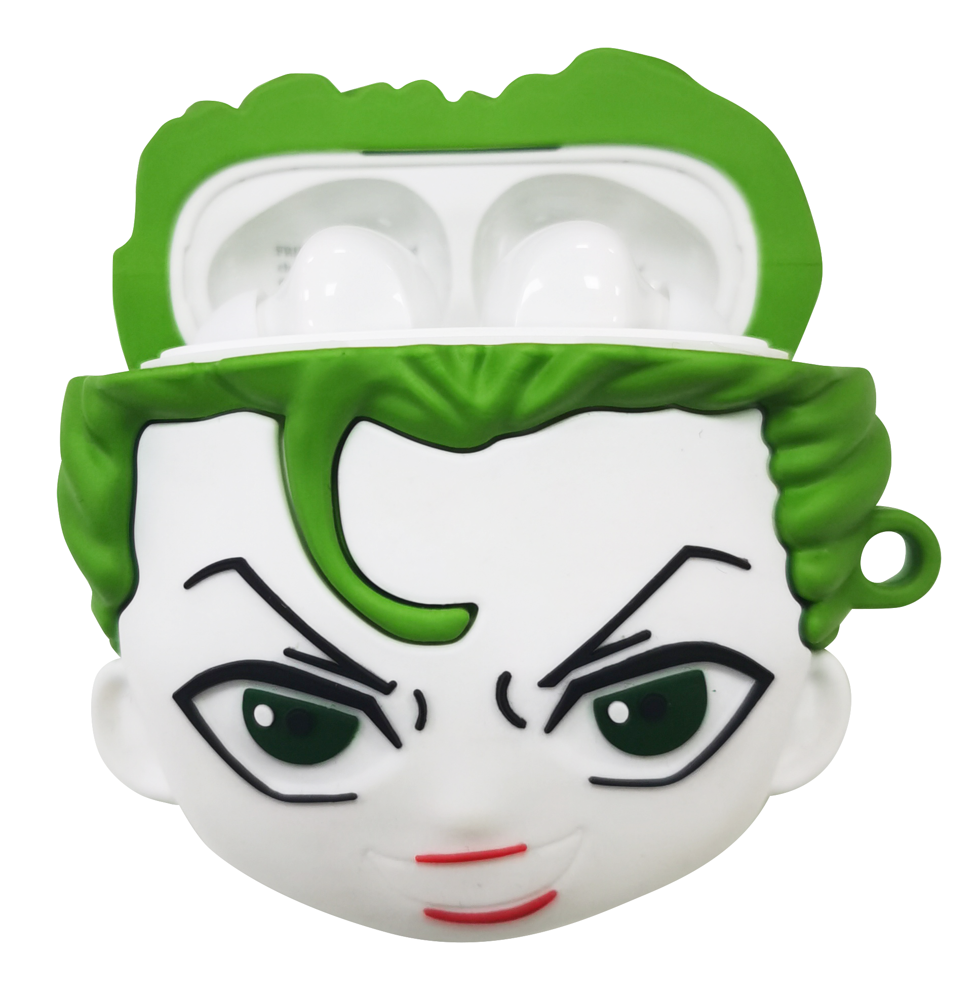 Funda para AirPods con temática del Joker. Cara blanca, pelo verde, detalles negros y AirPods blancos abiertos.