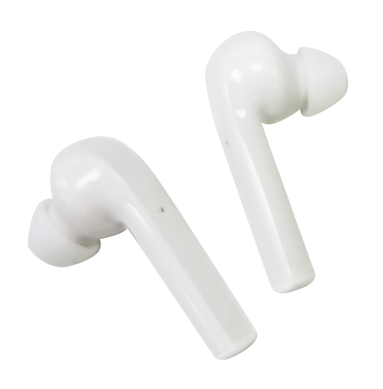 Dos auriculares inalámbricos blancos sobre un fondo negro. Los auriculares tienen forma curva.